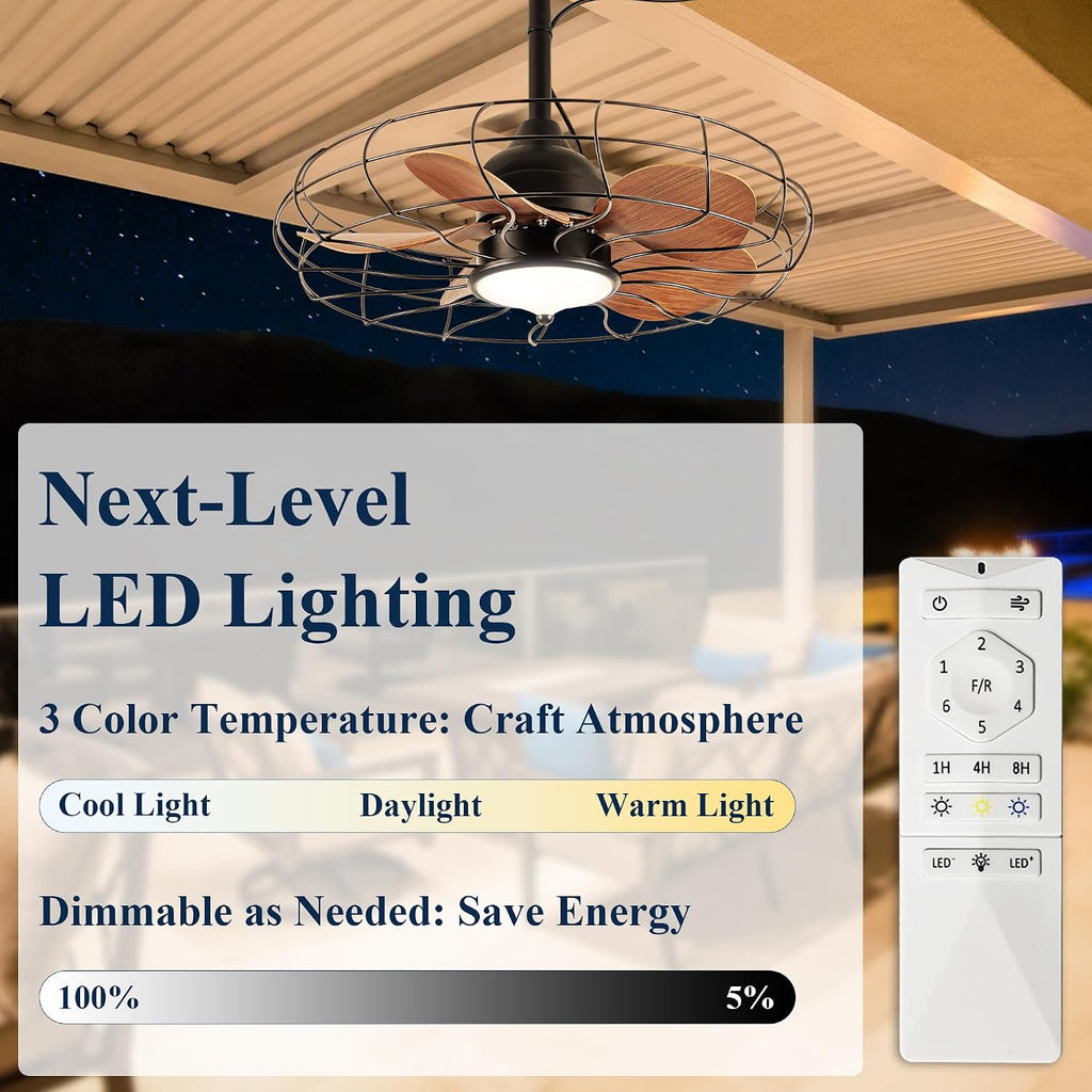 NORFOLK Gazebo Ceiling Fans with Light, 24 Inch Waterproof Outdoor Fan with Dimmable LED Lights, Wet Rated Plug In and Remote for Patios and Pergola, 3 Color Led Lighting, Hanging with Hook