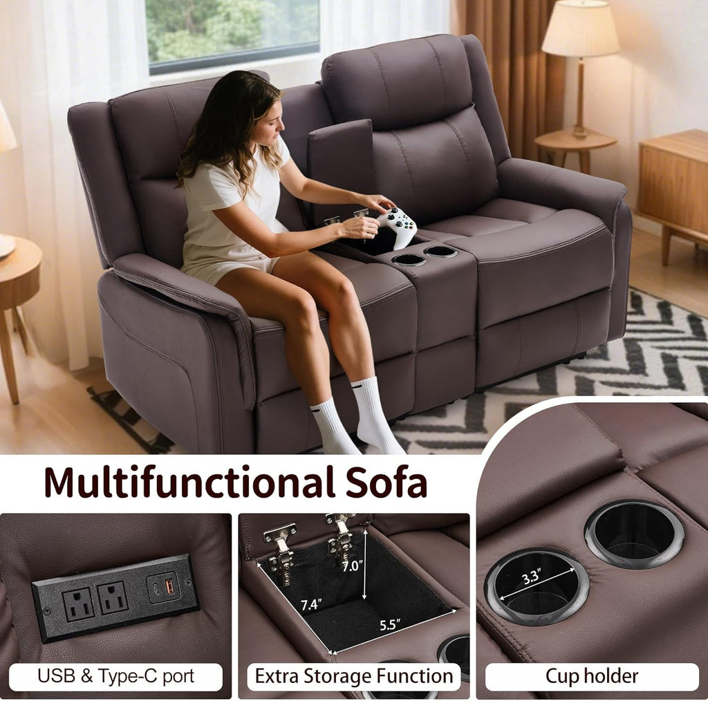 Korser Loveseat Recliner Sofa, Reclining Loveseat Couch with Manual Pull Tab, Reclining Couch with Console, USB Port, US Outlets, and Cup Holders, 2-Seater Leather Sofa for Living Room, RVs