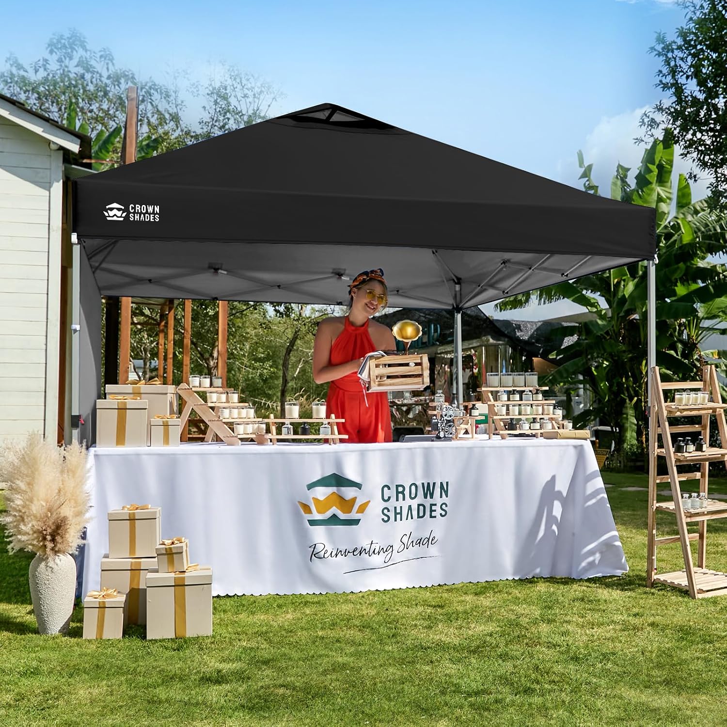 CROWN SHADES 10x10 Pop Up Canopy with 1 Side Wall - Beach Tent with One Push Setup - Outdoor Sun Shade for Events, Parties, Camping - Gazebo with STO-N-Go Cover Bag (Black)
