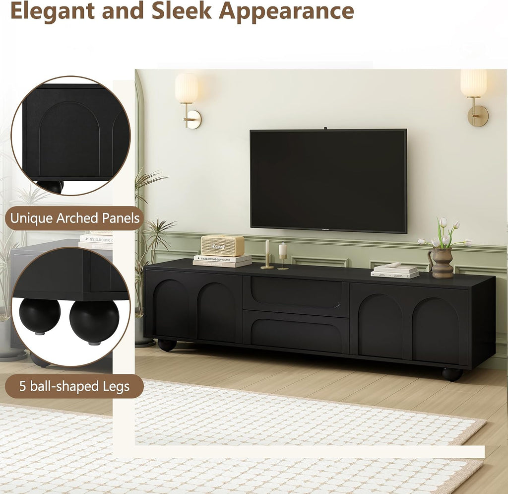 Cream Style TV Stand with Arched Doors & 2 Drawers for TVs up to 75', Minimalist Media Console with Rebound Device, Entertainment Center with 5 Iron Round Legs for Living Room, Bedroom, Black