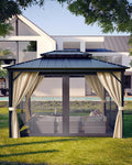 GarveeLife Hardtop Gazebo 10 ft x14 ft for All Weather, with Double Metal Roof, Aluminum Alloy Frame, Net, and Curtain, Permanent Building for Patio, Deck, Backyard, Lawn, and Garden