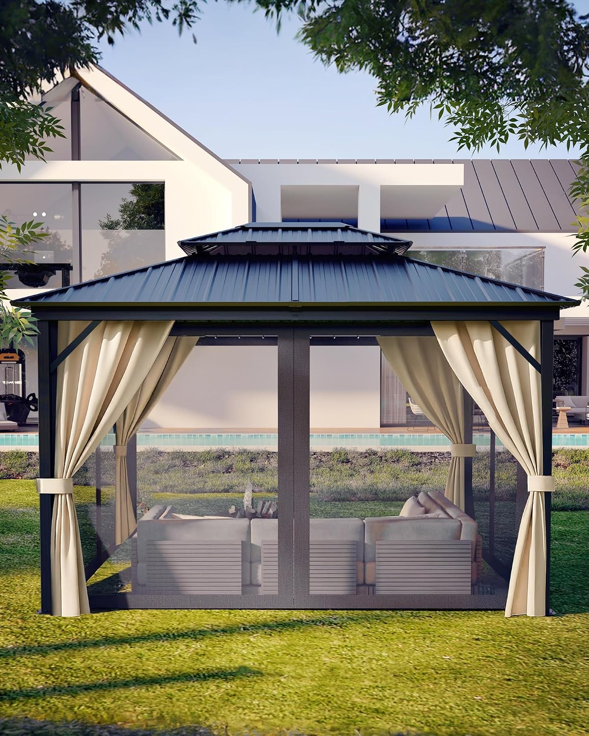 GarveeLife Hardtop Gazebo 10 ft x14 ft for All Weather, with Double Metal Roof, Aluminum Alloy Frame, Net, and Curtain, Permanent Building for Patio, Deck, Backyard, Lawn, and Garden