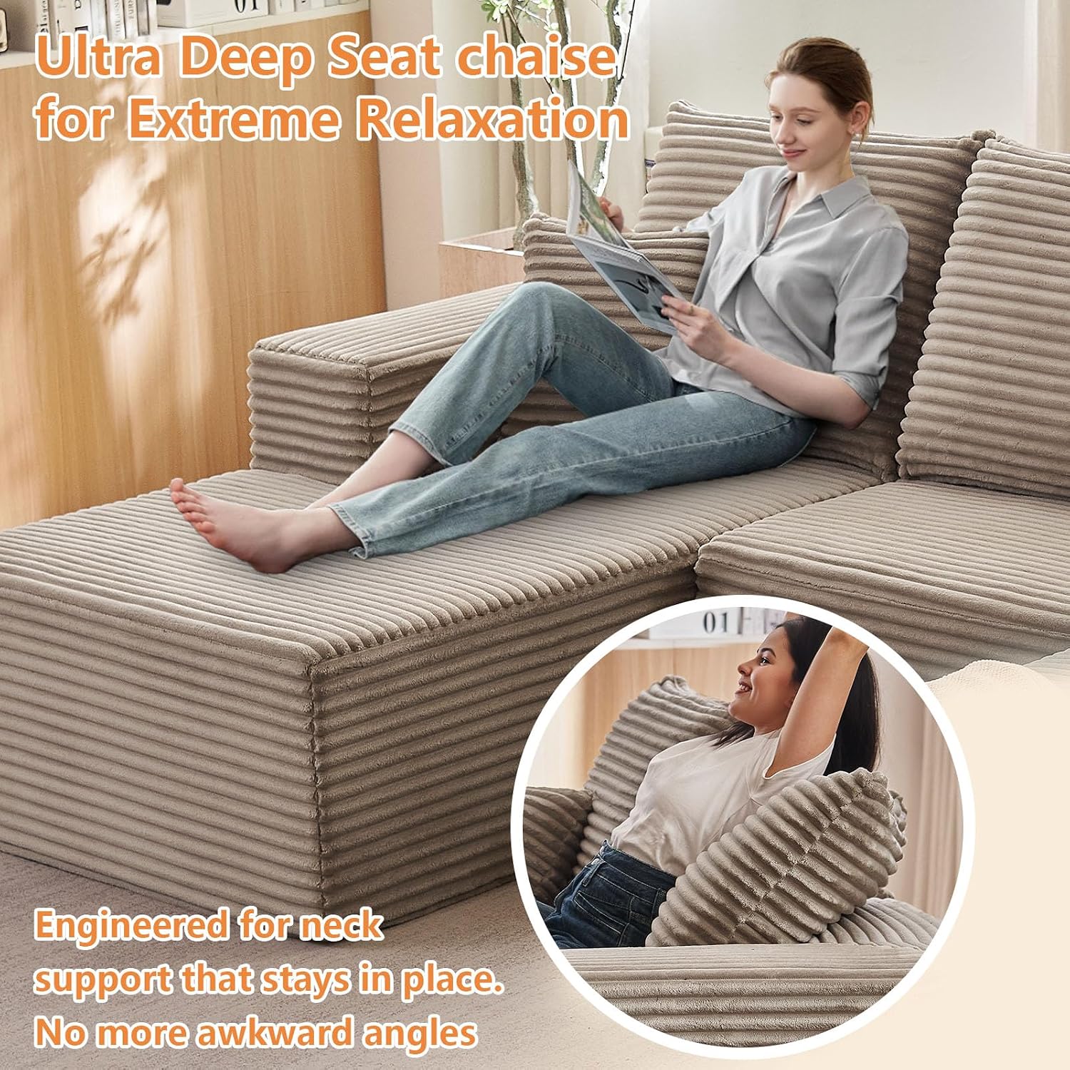 96' Modular Sectional Sofa, Modern Corduroy Cloud Couch with Deep Seat, Boneless Couch Upholstered 3-Seater L-Shaped Sofa for Living Room, No Assembly Required (Camel, Left-Facing Chaise)