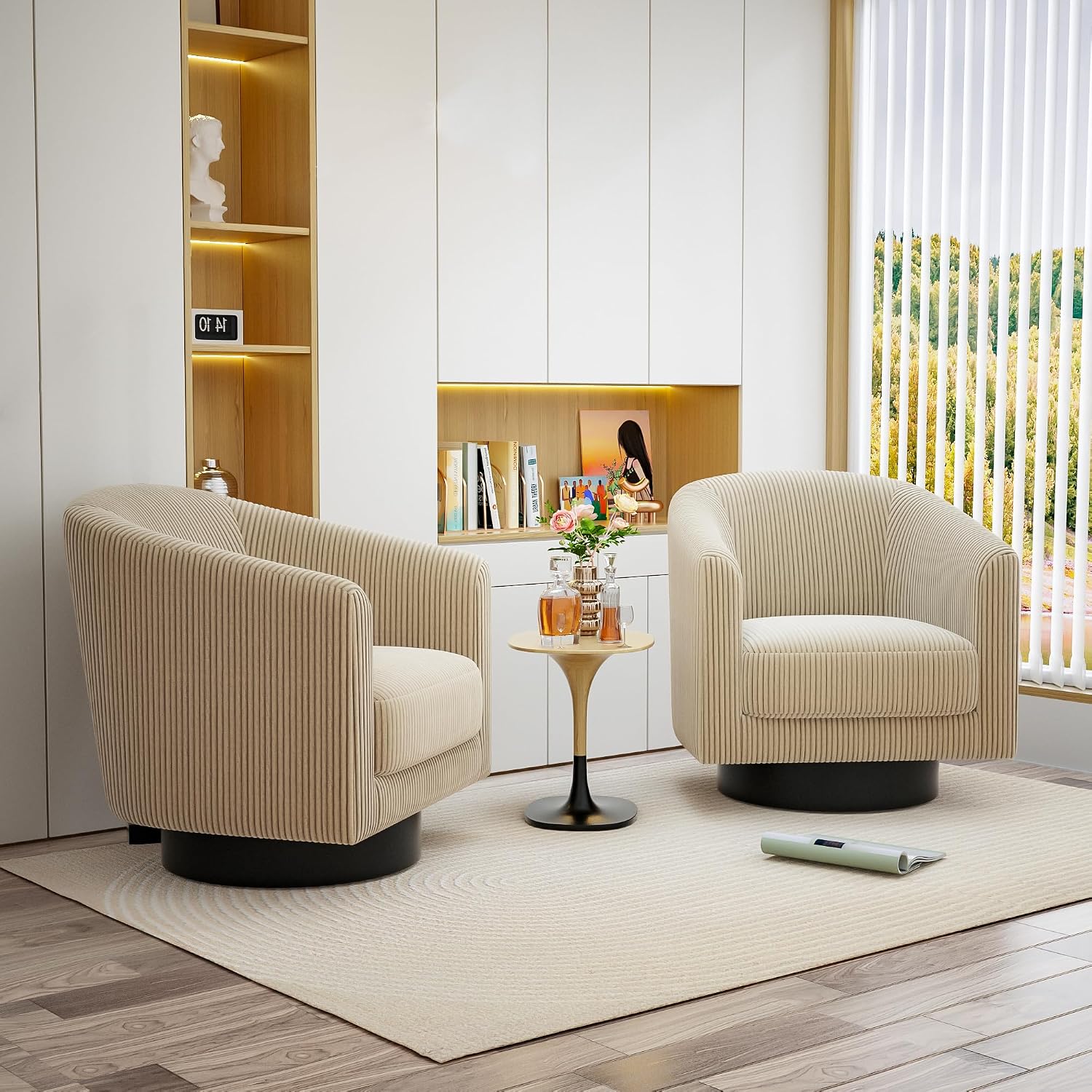Swivel Accent Chairs Set of 2, 360° Bucket Chair, Modern Upholstered Barrel Armchair, Comfy Corduroy Single Sofa for Living Room Bedroom, Camel