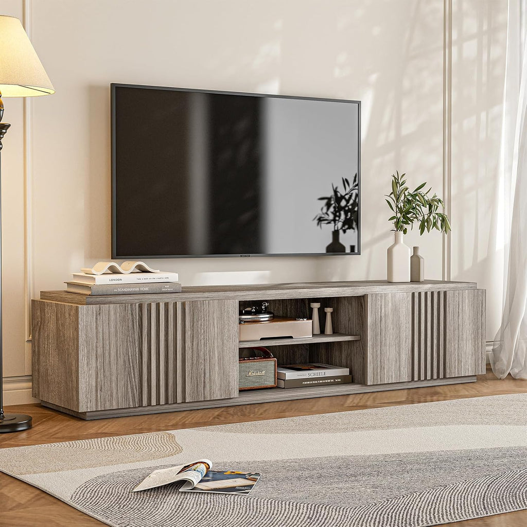 BELLEZE 70' Fluted TV Stand for TVs up to 75', Media Entertainment Center Console Table with Oversize Drawers and 2-Tier Open Shelves, Wood Storage Cabinet for Living Room, 15'D x 70'W x 16'H-(Gray)