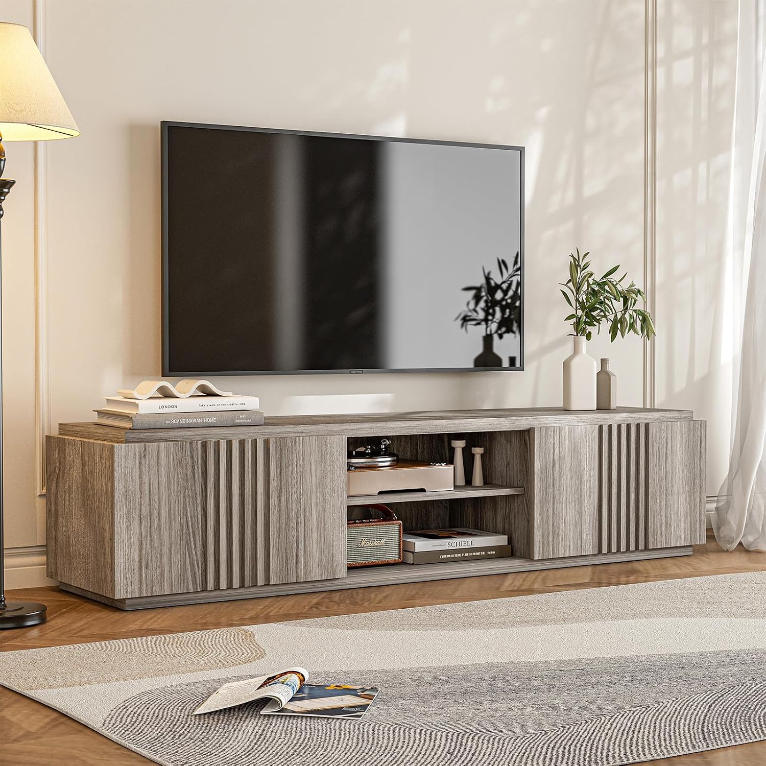 BELLEZE 70' Fluted TV Stand for TVs up to 75', Media Entertainment Center Console Table with Oversize Drawers and 2-Tier Open Shelves, Wood Storage Cabinet for Living Room, 15'D x 70'W x 16'H-(Gray)