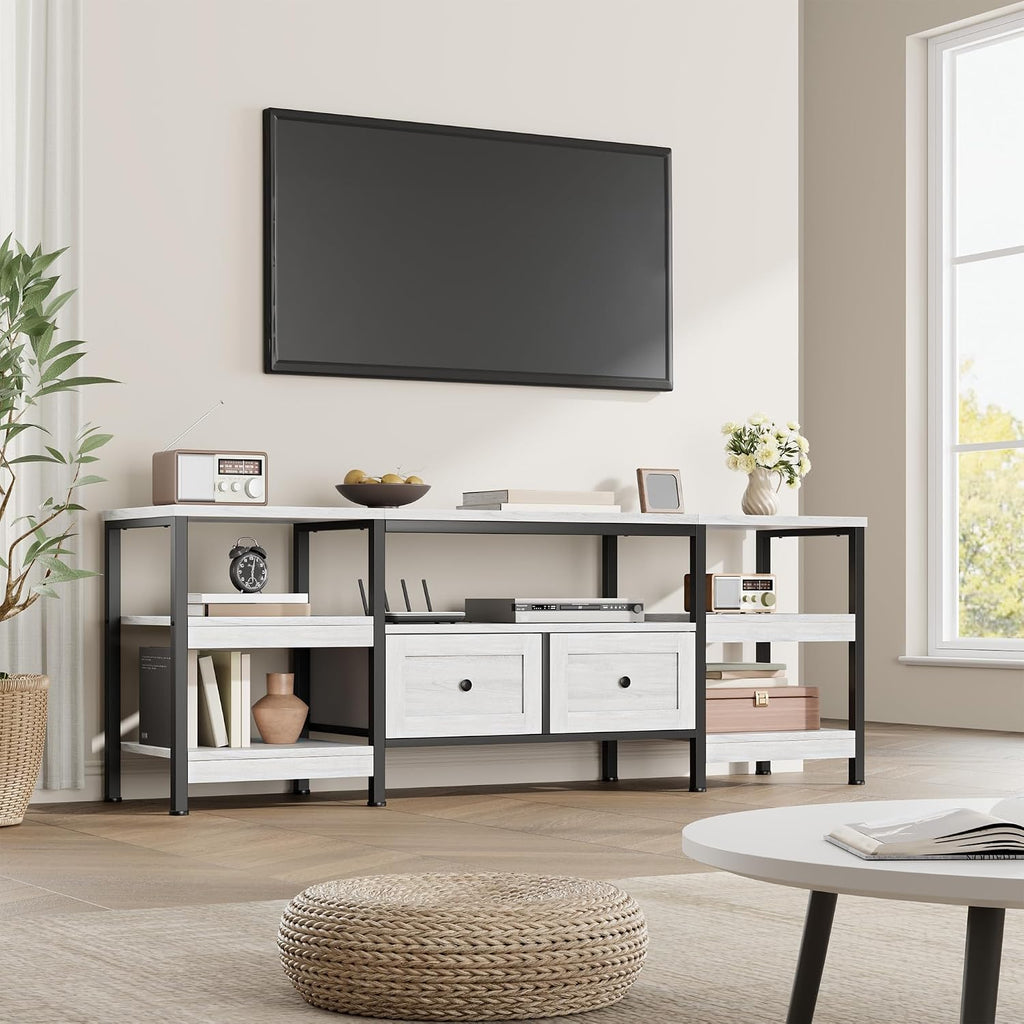 GarveeHome Rustic 71 in TV Stand for TVs Up to 75', Industrial Media Console with 2 Drawers and Open Storage Shelves, Sturdy Metal Frame Entertainment Center, White