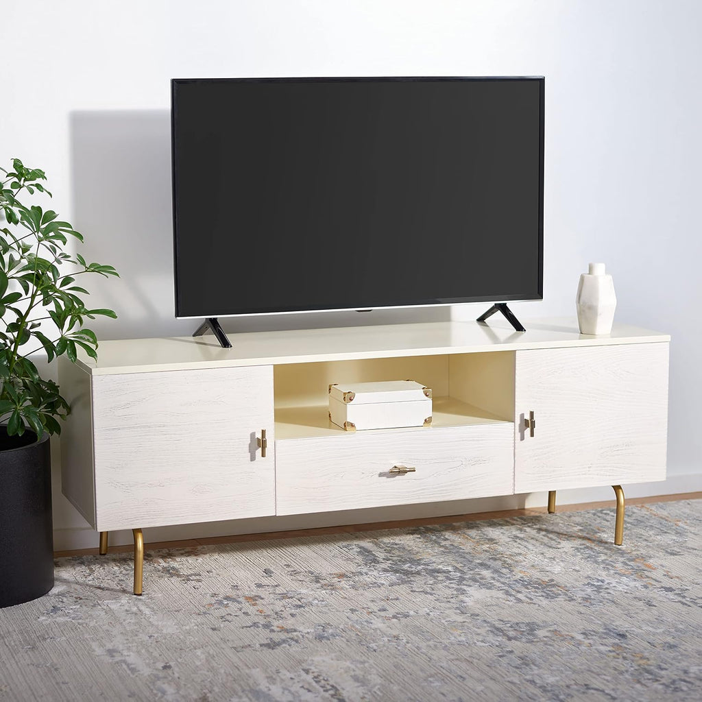 SAFAVIEH Genevieve TV Stand for up to 65' Flatscreen – Cream & White Washed Finish, Mid-Century Modern Storage Cabinet, Entertainment Media Console (MED5000D)