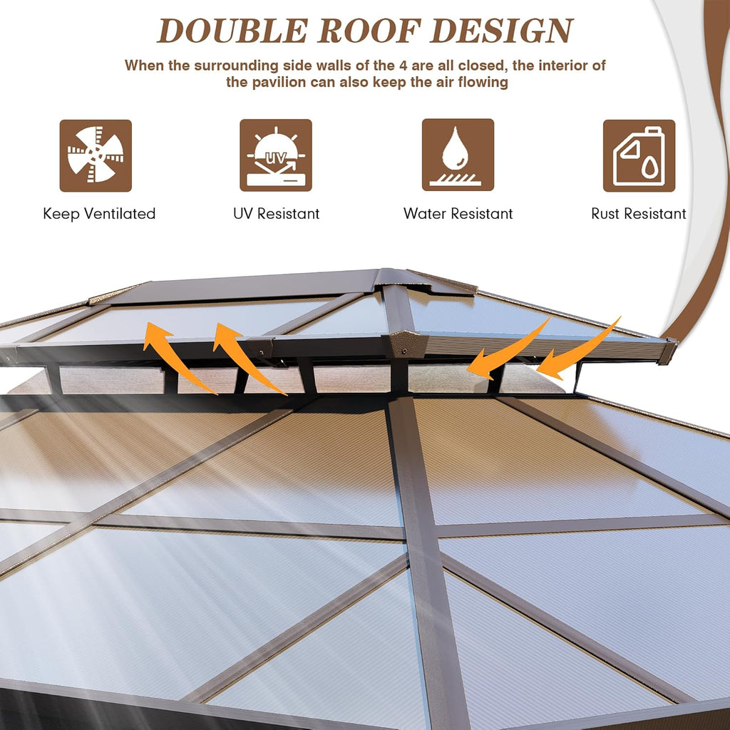 EROMMY 10'x13' Gazebo Polycarbonate Double Roof Canopy Outdoor Aluminum Frame Pergolas with Netting and Curtains for Garden Patio Lawns Parties
