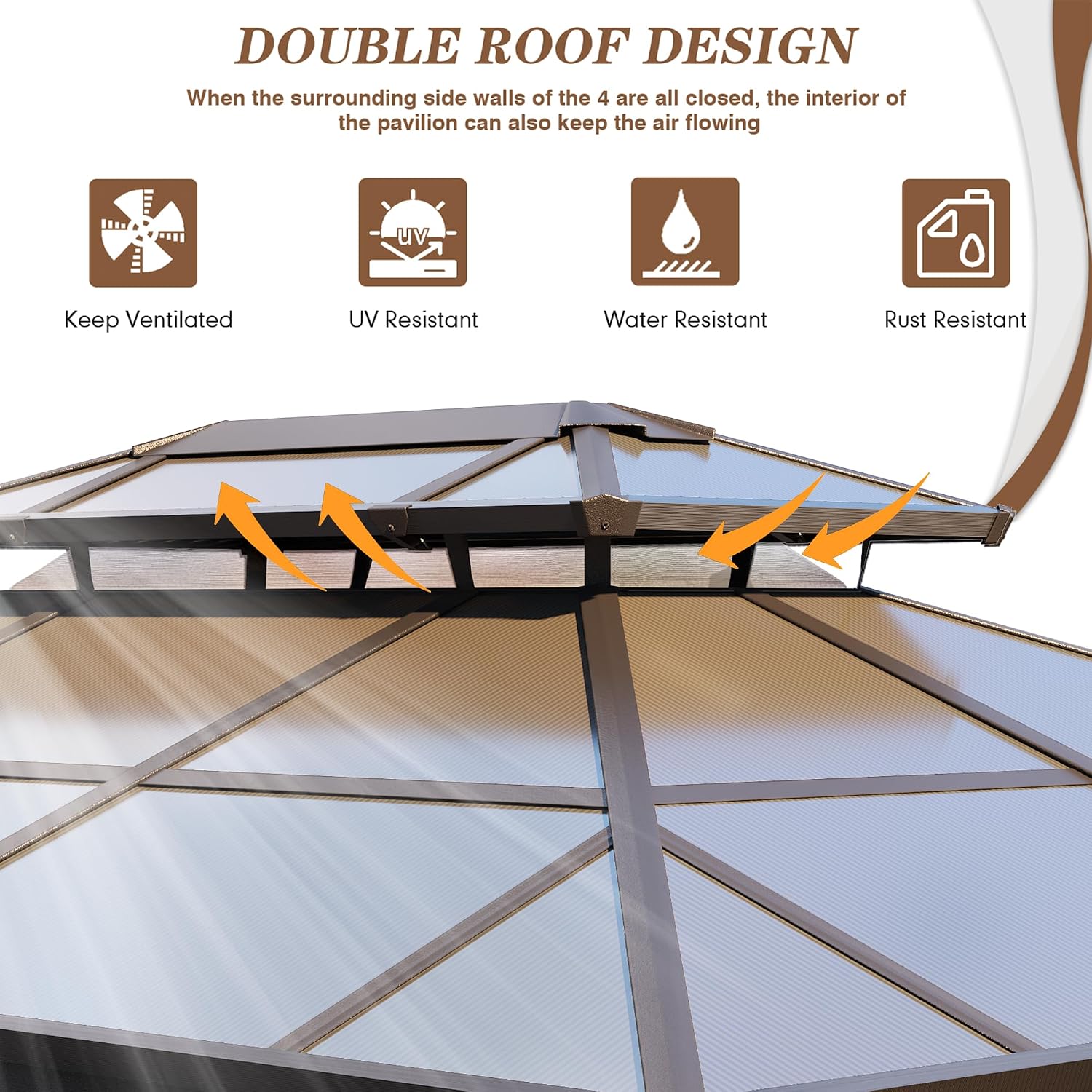 EROMMY 10'x13' Gazebo Polycarbonate Double Roof Canopy Outdoor Aluminum Frame Pergolas with Netting and Curtains for Garden Patio Lawns Parties