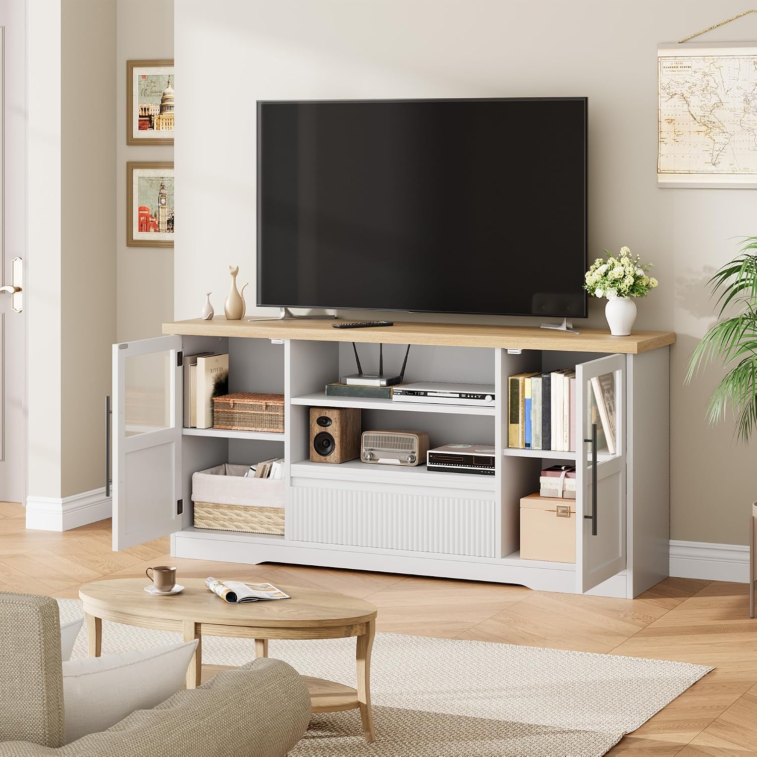 GarveeHome TV Stand, 72 in Wave Pattern Entertainment Center with 2 Glass Door Cabinets, Farmhouse TV Media Console with Open Storage Compartments for Living Room, White & Natural