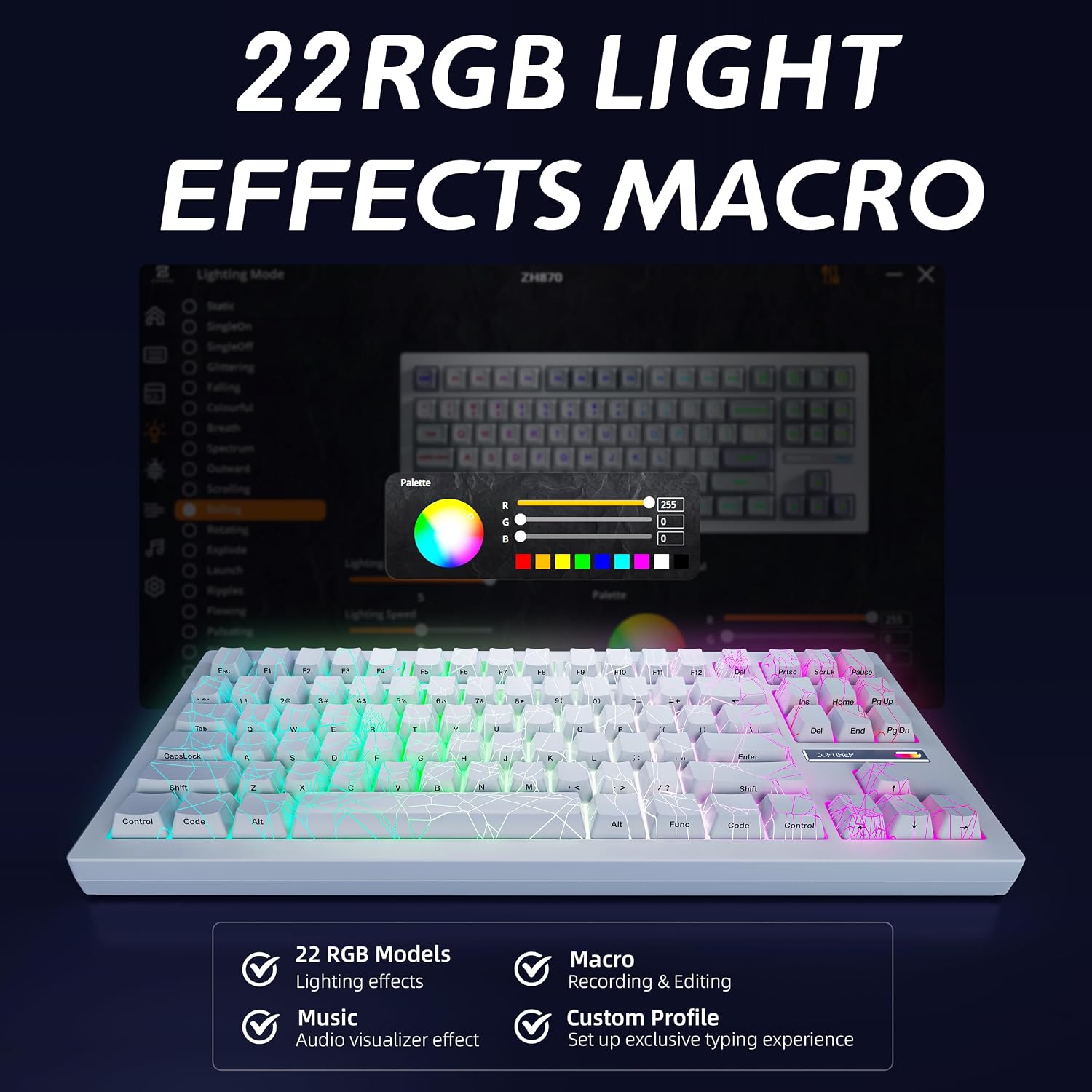 ZORNHER ZH870 Wireless Gaming Mechanical Keyboard,80% White Gaming Keyboard with White Spider Web IMD PC Keycaps,Creamy Sounding Linear Switches,Hot-Swappable,RGB Backlit