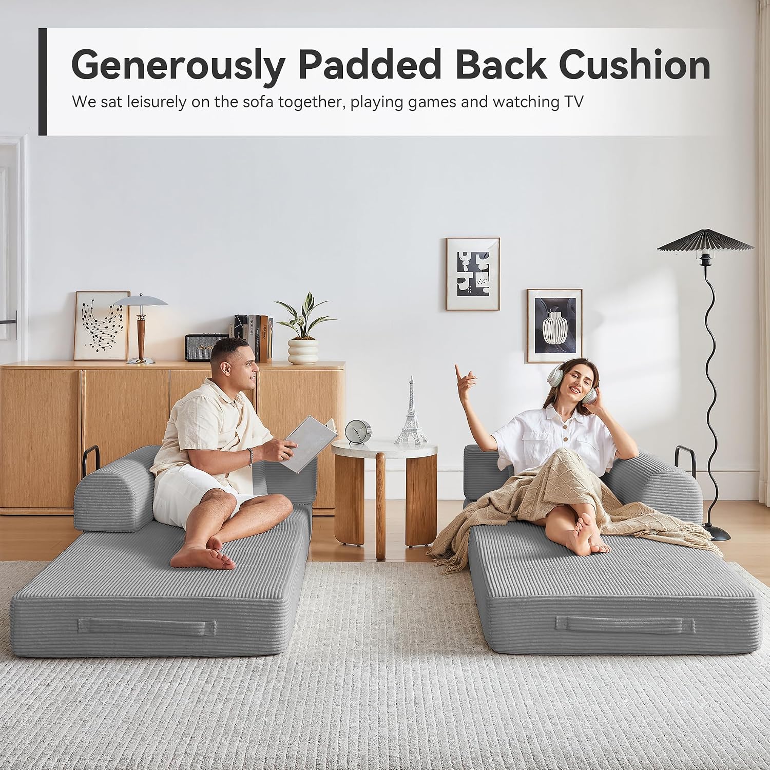 Convertible Sleeper Sofa Bed, Sleeper Sofa with Pillow | Corduroy Fabric | High-Density Sponge | Fixed-Shape Frame, Modular Sofa Bed for Living Room Lounge Studio (Light Grey)
