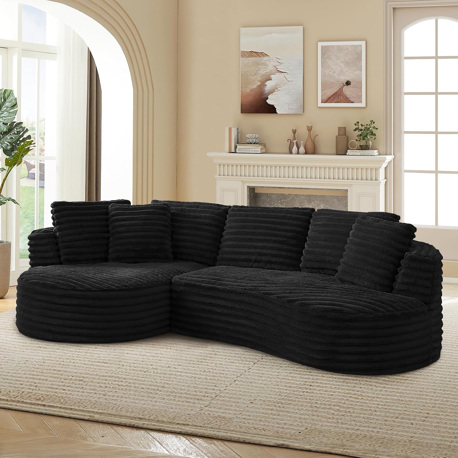 120'W Oversized Modern Curved Cloud Couch,Corduroy Modular Sectional Sofa with Chaise, L Shaped Boneless Couch, Compression Foam Sofa for Living Room Bedroom, No Assembly Required(Left Facing, Black)