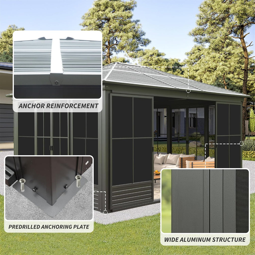 12'(W) x 14'(L) Outdoor Sunroom Aluminum Hardtop Gazebo with Galvanized Steel Roof, PVC Screen Walls and Sliding Door, Black