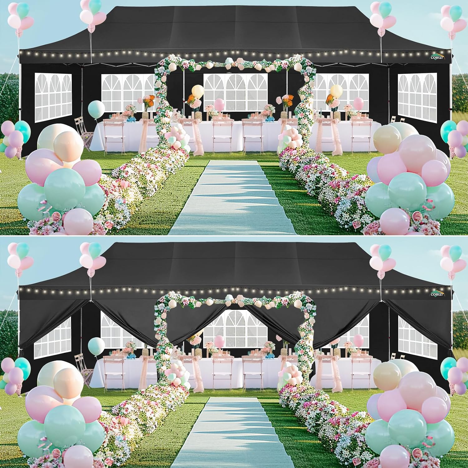 COBIZI 10x30 Pop up Canopy with Roller Bag & 8 Removable Sidewalls, Canopy Tent for Parties, Wedding, and Commercials, Waterproof and Instant Shelter UV50+ Outdoor Gazebo with 4 Sandbags(Pure Black)