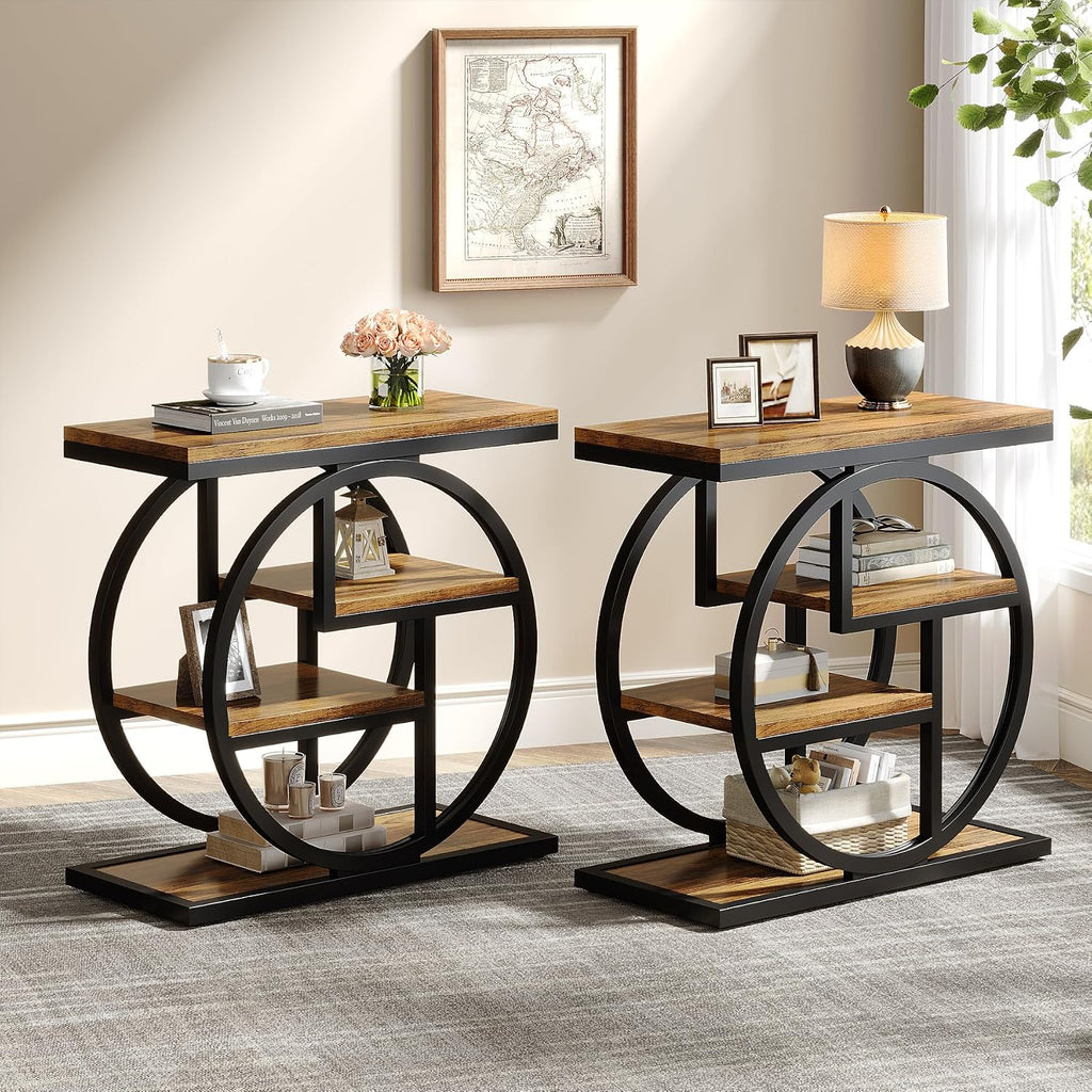 Tribesigns End Table Set of 2, 4-Tier Narrow Side Table with Storage Shelves, Wood Small Sofa Side Table with Geometric Metal Frame, Industrial Bedside Table for Bedroom, Living Room, Rustic Brown