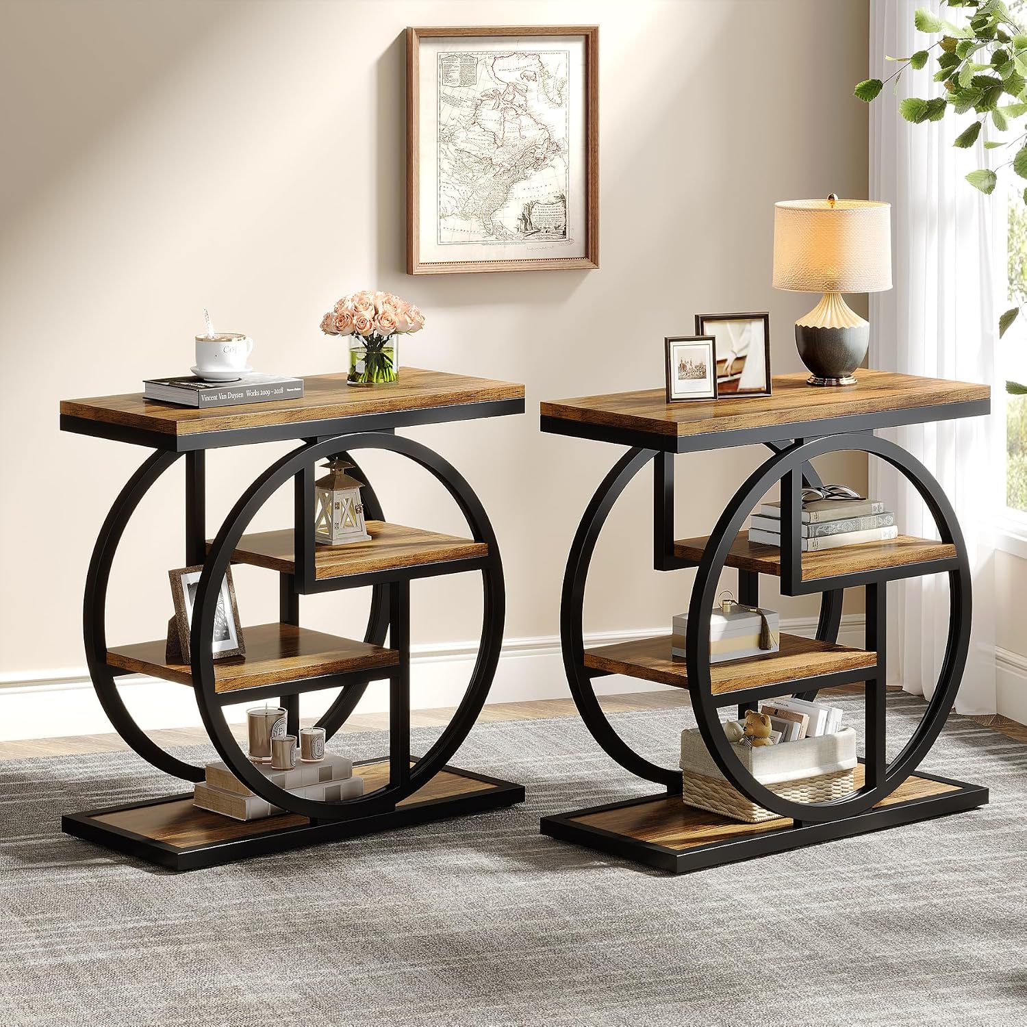 Tribesigns End Table Set of 2, 4-Tier Narrow Side Table with Storage Shelves, Wood Small Sofa Side Table with Geometric Metal Frame, Industrial Bedside Table for Bedroom, Living Room, Rustic Brown