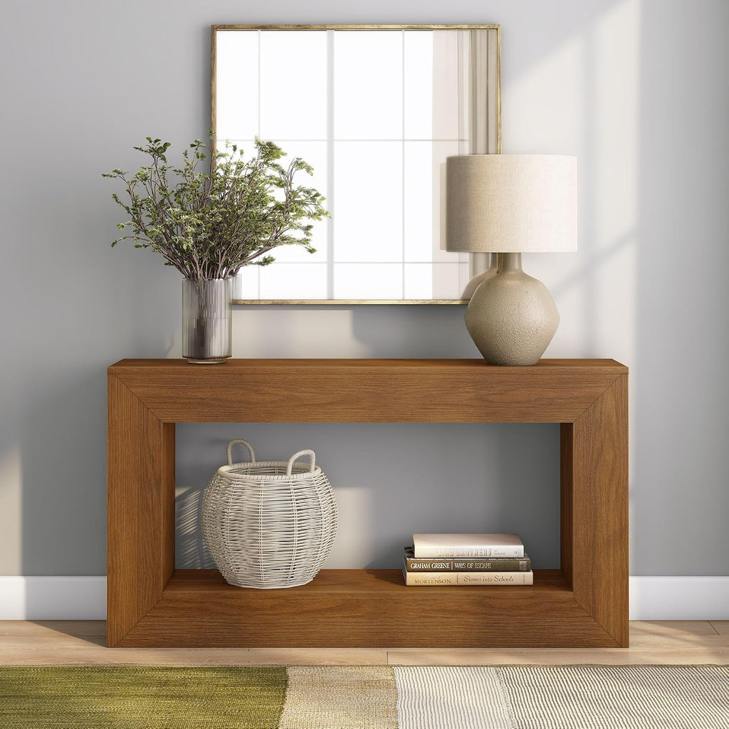 Plank+Beam Grande 56' Console Table with Bottom Shelf, Solid Pine Wood Entryway & Sofa Table, Pecan Wirebrush Finish