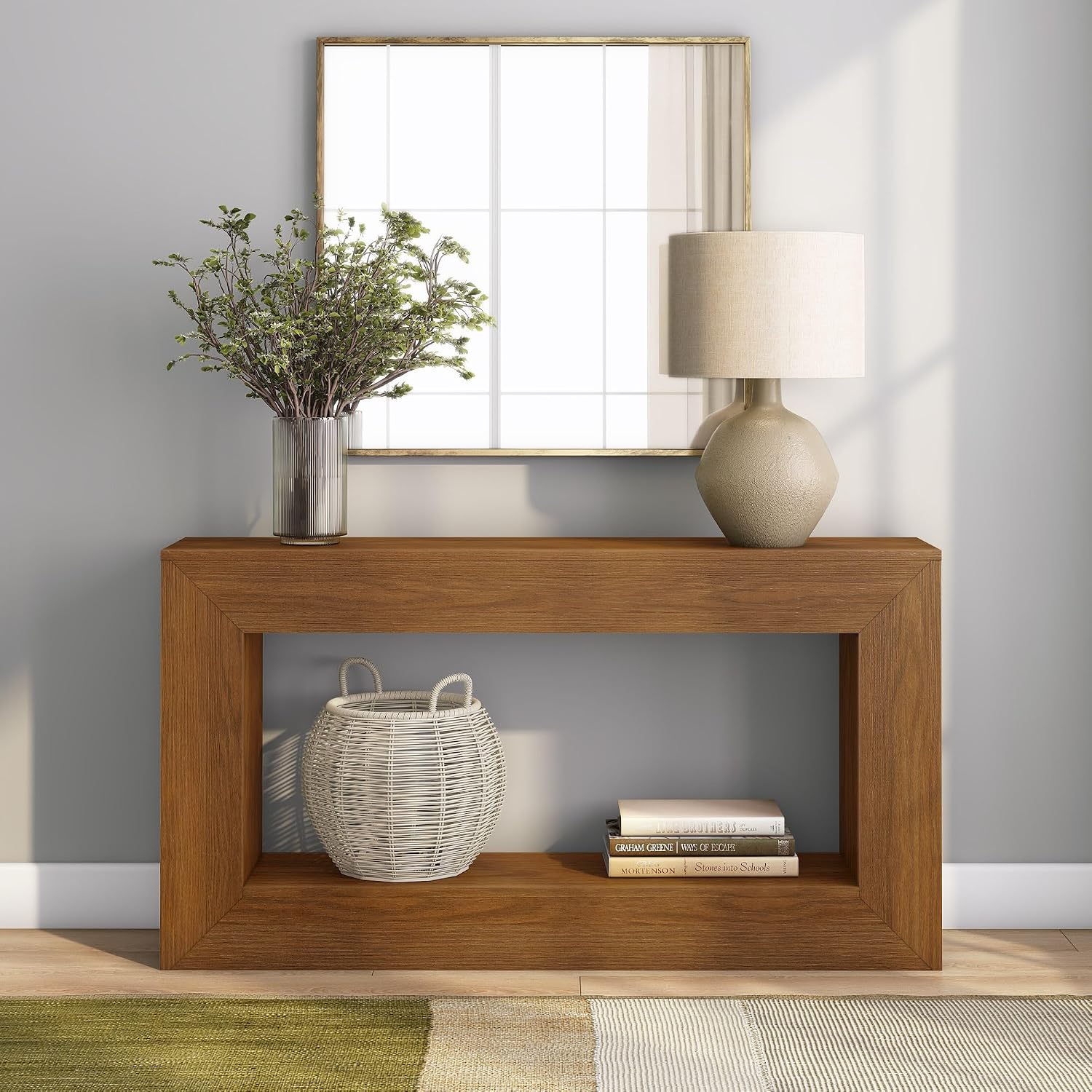 Plank+Beam Grande 56' Console Table with Bottom Shelf, Solid Pine Wood Entryway & Sofa Table, Pecan Wirebrush Finish