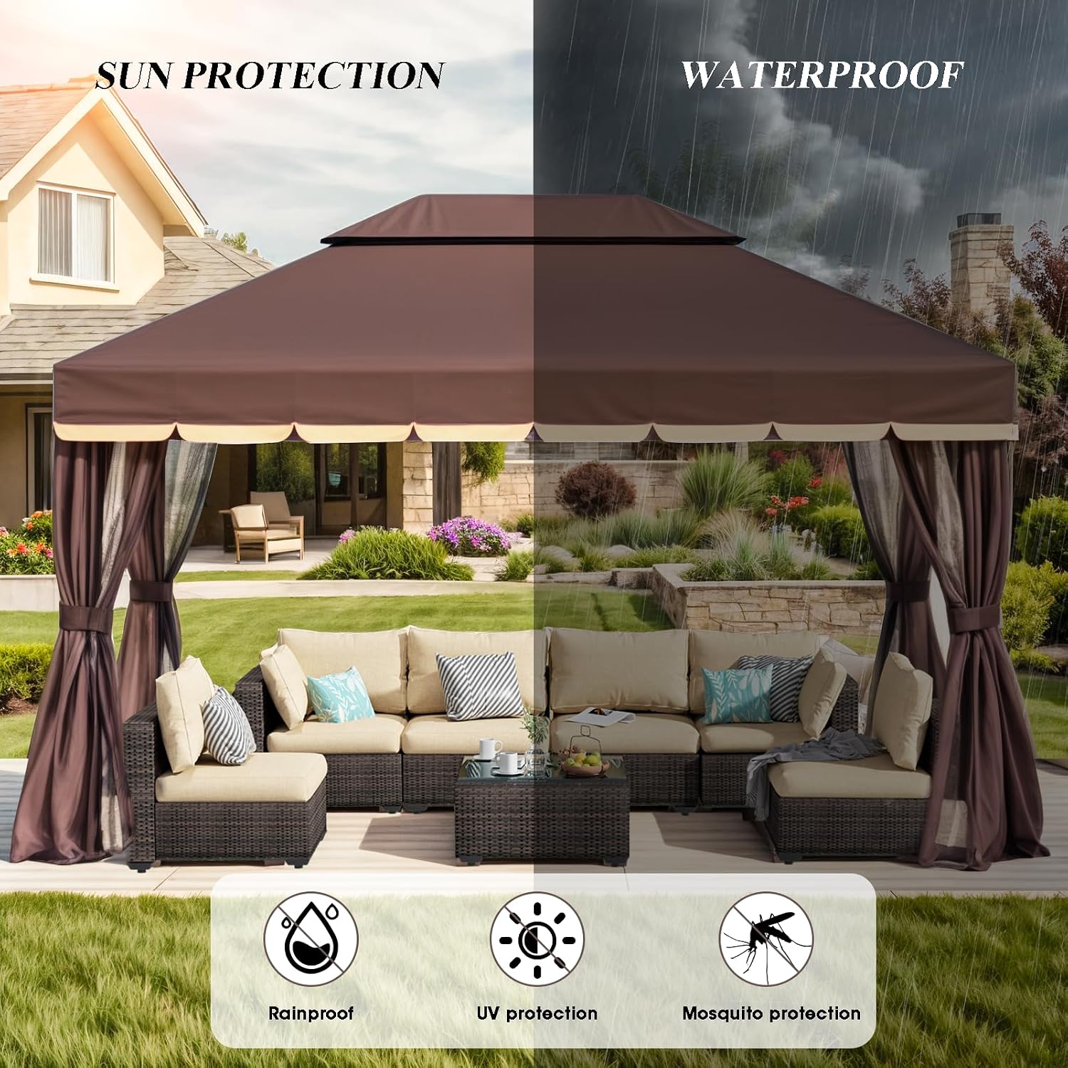 10x13 Gazebo for Patio, Outdoor Gazebo with Mosquito Netting & Curtains, Double Tier Roof Round Leg Marquee Canopy Shelter for Garden, Deck, Backyard, Lawn (D/DCO)