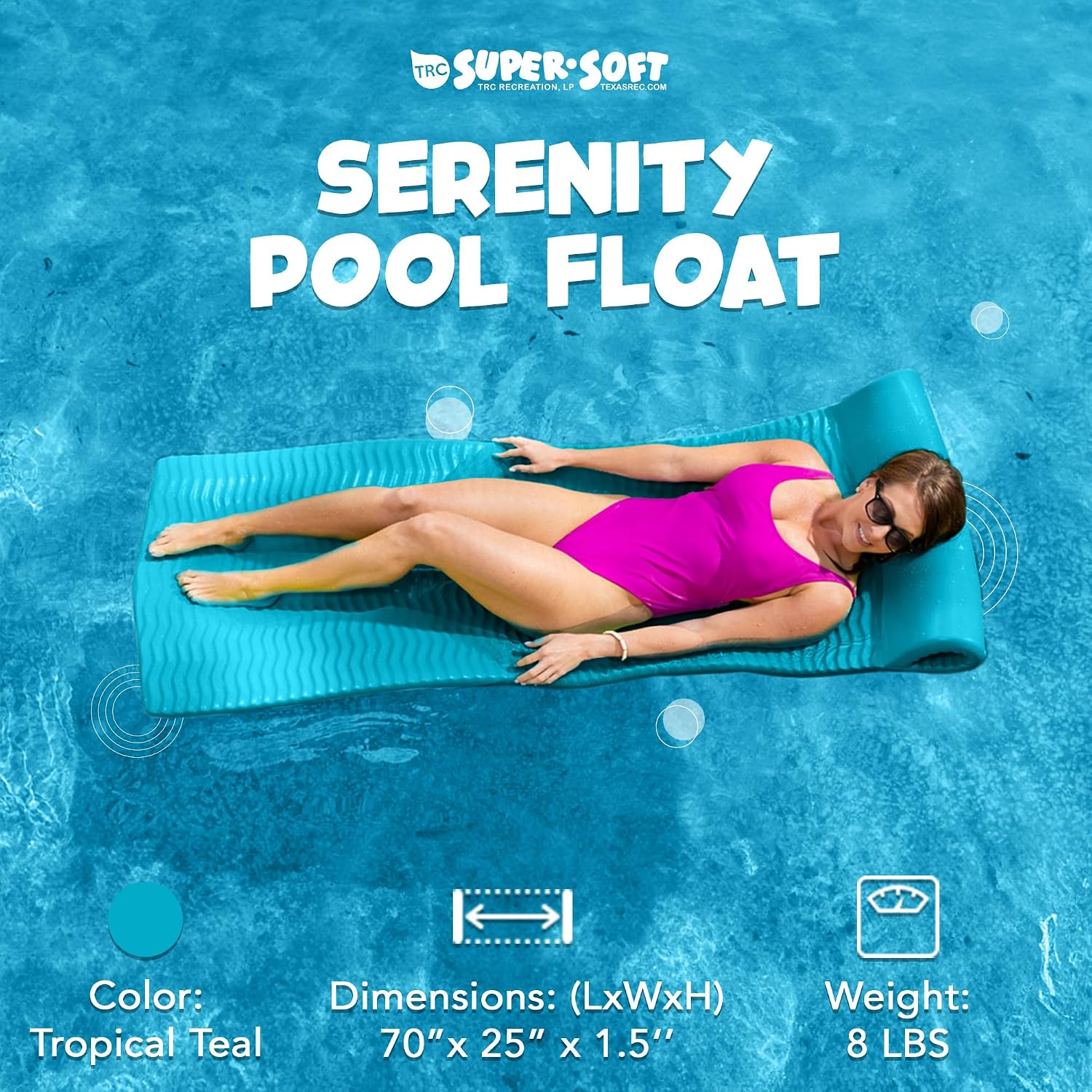 TRC Recreation Serenity 1.5' Thick Vinyl Coated Foam Swimming Pool Float Mat Adult Lounger with Built-in Roll Pillow
