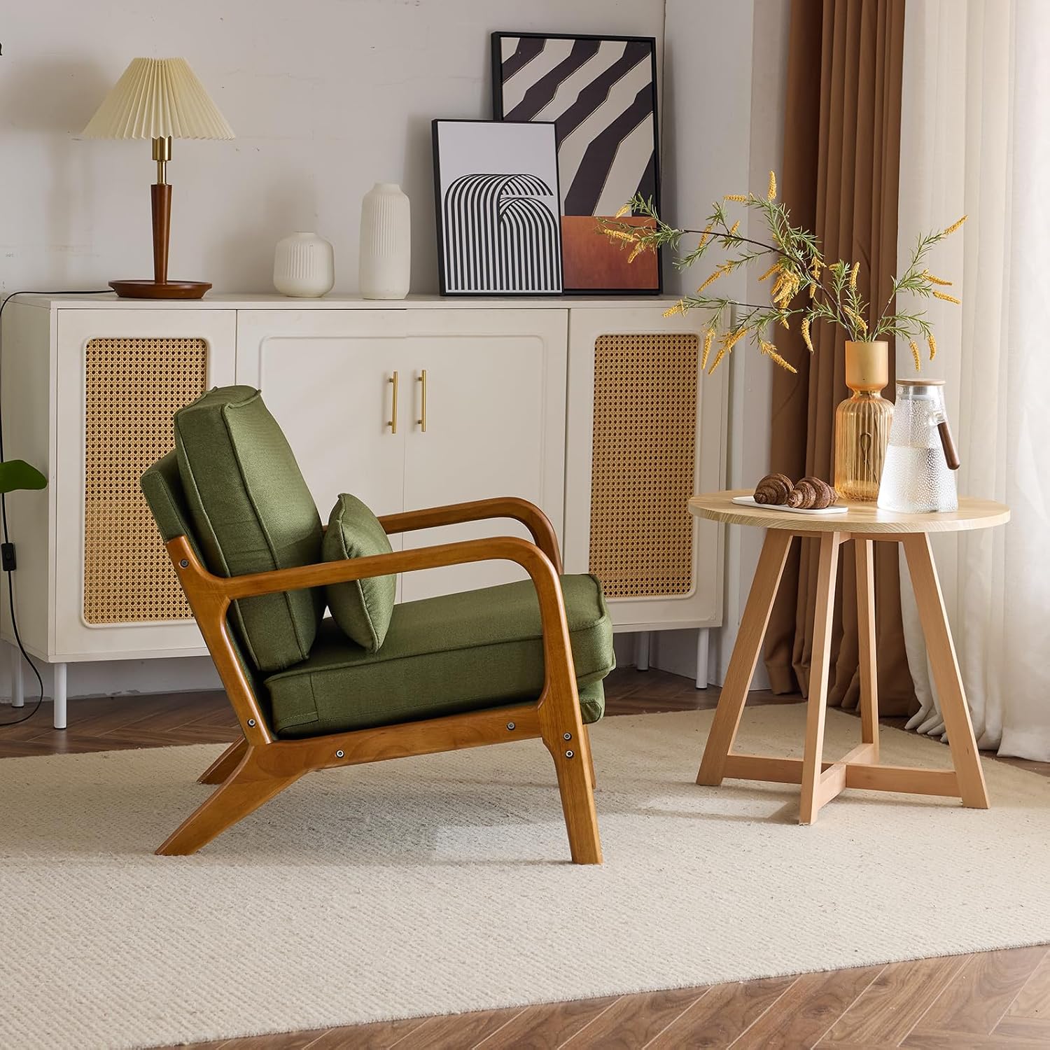 Karl home Accent Chair Mid-Century Modern Chair with Pillow Linen Fabric Upholstered Lounge Arm Chair with Solid Wood Frame & Soft Cushion for Living Room, Bedroom, Balcony, Green