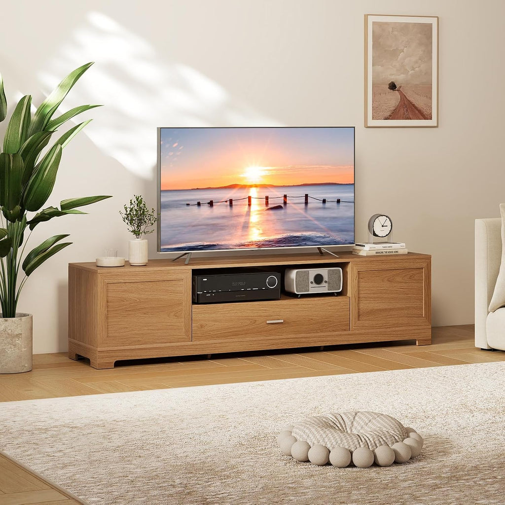 Giantex TV Stand for 60-80 Inch TV, Farmhouse Modern Entertainment Center with Storage Cabinets, Drawer & Cable Hole, Wooden Media TV Console Table for Living Room, Bedroom