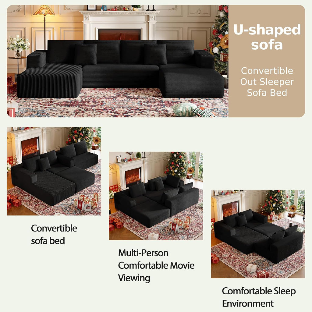 CHORRO134.6''Sectional Boneless Couch for Livingroom,Modular Corduroy Cloud Couch, U-Shaped Sofa with Chaise and Pillows,4-Deep Seat Sectional Sofa with 1 Ottoman,(Black,Left Chaise)