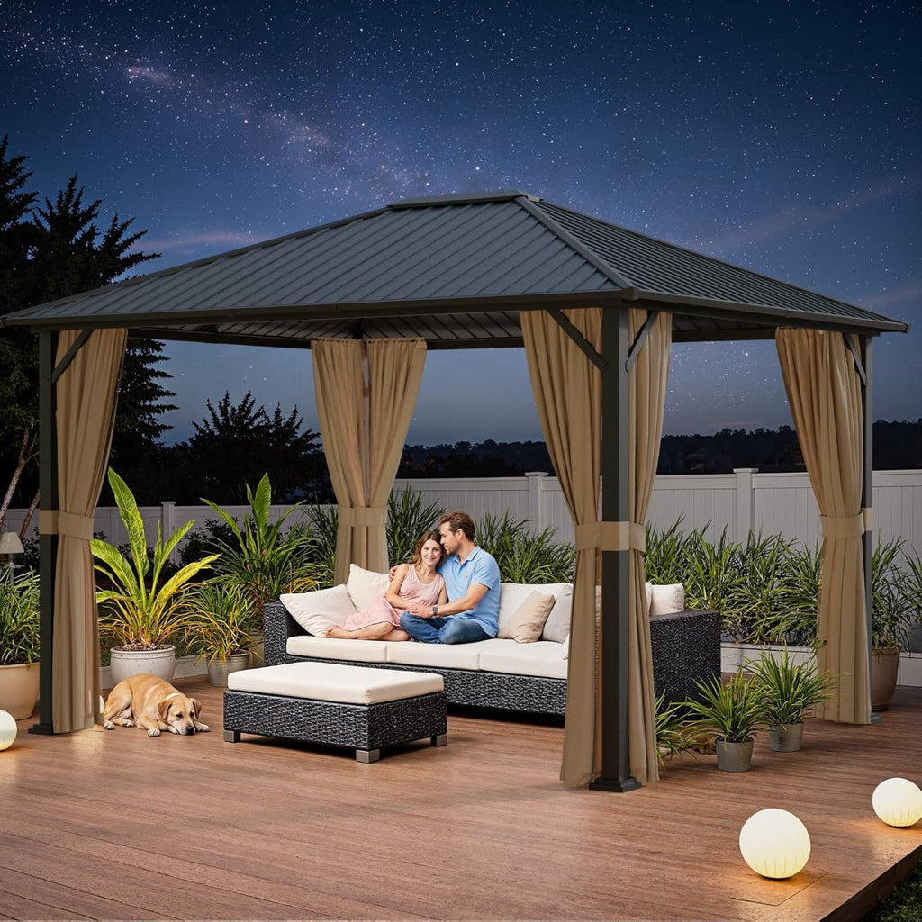 10x12 Hardtop Gazebos, Heavy Duty Outdoor Gazebo with Powder-Coated Iron Frame, Galvanized Steel Roof & Mosquito Netting, Permanent Pavilion Gazebo for Backyards & Patios
