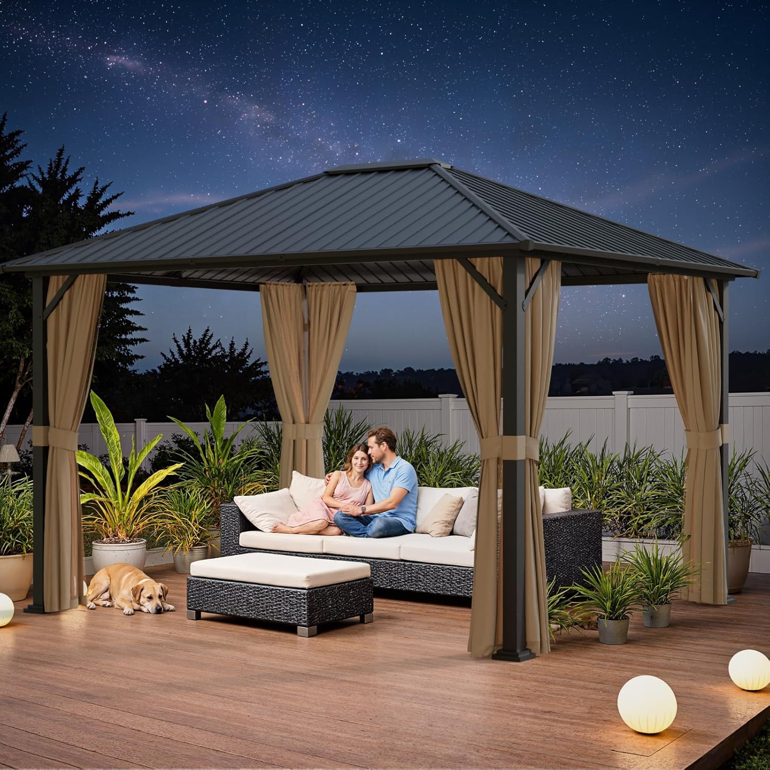 10x12 Hardtop Gazebos, Heavy Duty Outdoor Gazebo with Powder-Coated Iron Frame, Galvanized Steel Roof & Mosquito Netting, Permanent Pavilion Gazebo for Backyards & Patios