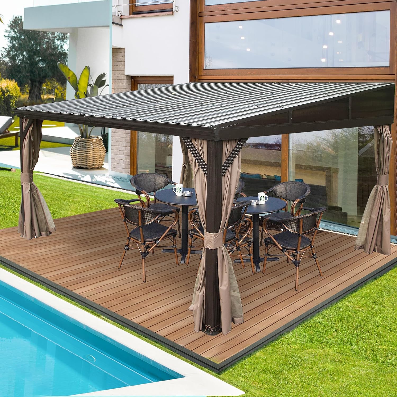 Domi 10x12FT Lean to Gazebo, Aluminum Wall Mounted Gazebo with Sloping Galvanized Steel Roof, Curtains and Netting, Outdoor Hardtop Gazebo Pergola for Patio, Deck, Garden, Backyard