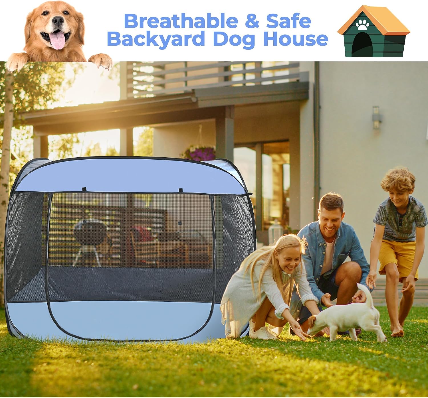 EighteenTek XLarge Popup Portable Dog Houses, 5.3'x4'H Assembly-Free Gazebo-Style Dog Cot Cat Playpen Screen Pet Tent Sun Shade Shelter Dog Bed with Canopy for Outdoor, Anti-Bugs with Leakproof Bottom
