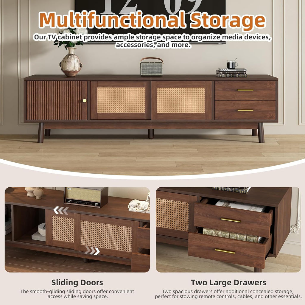 Merax 70' TV Stand with Storage for 65-75 inch TV, Fluted Wood Entertainment Center with Sliding Rattan Doors and Drawers for Living Room, Mid Century Modern Media Console