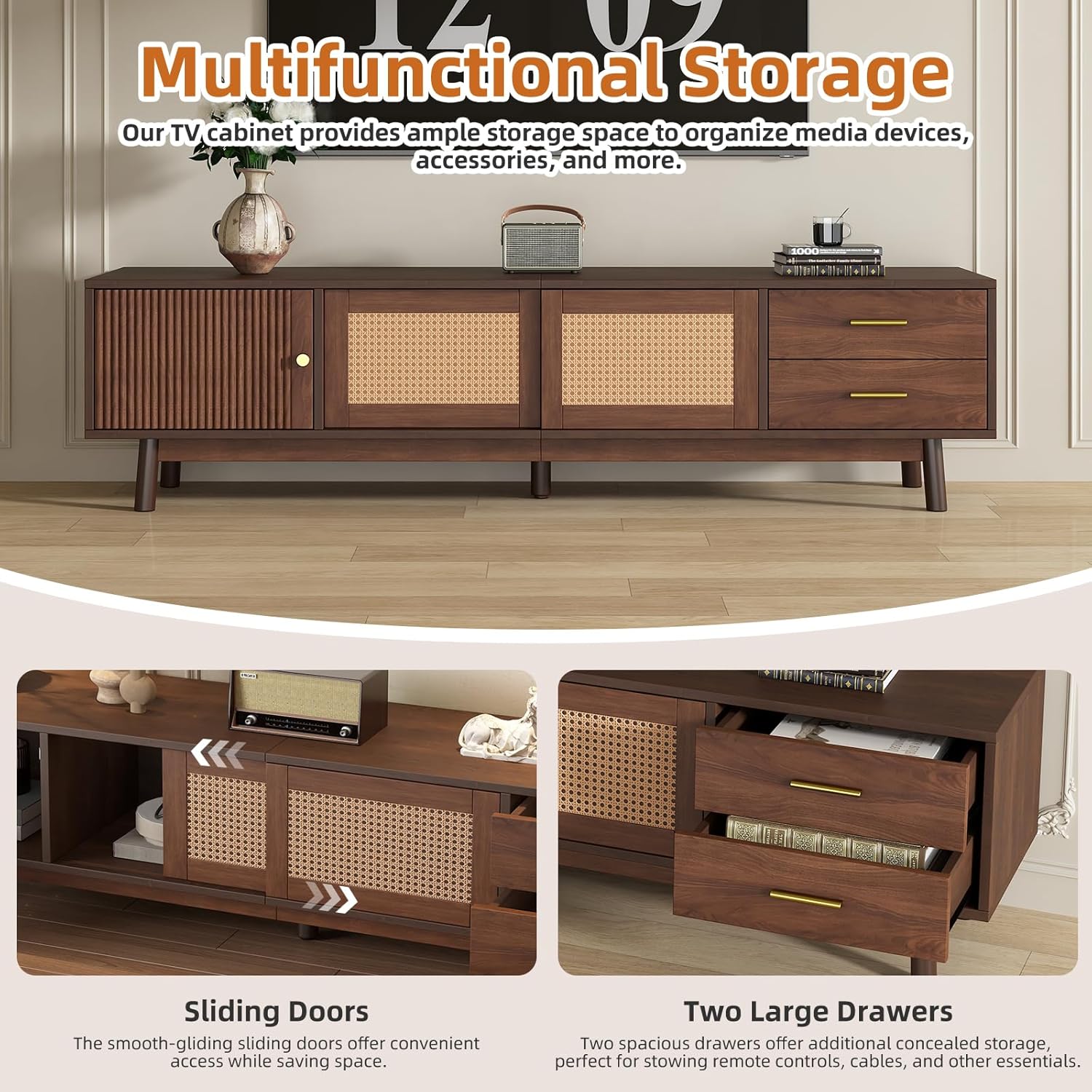 Merax 70' TV Stand with Storage for 65-75 inch TV, Fluted Wood Entertainment Center with Sliding Rattan Doors and Drawers for Living Room, Mid Century Modern Media Console