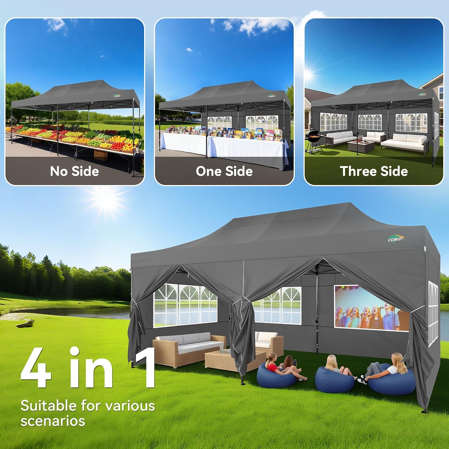 COBIZI 10x20 Heavy Duty Pop Up Canopy Tent with 6 Sidewalls Thicken Frame, Commercial Easy Up Outdoor Wedding Party Tents, All Season Waterproof Windproof with Stakes Sandbags Ropes Roller Bag, Gray