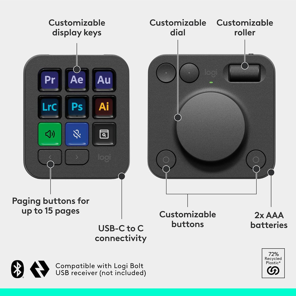 Logitech MX Creative Console, 9 Customizable LCD Keys, Stream Deck Accessories,Connectivity Technology USB-C, Control Dial for Graphic Design, Zoom, Spotify - Graphite, 3-Month Adobe Cloud Membership
