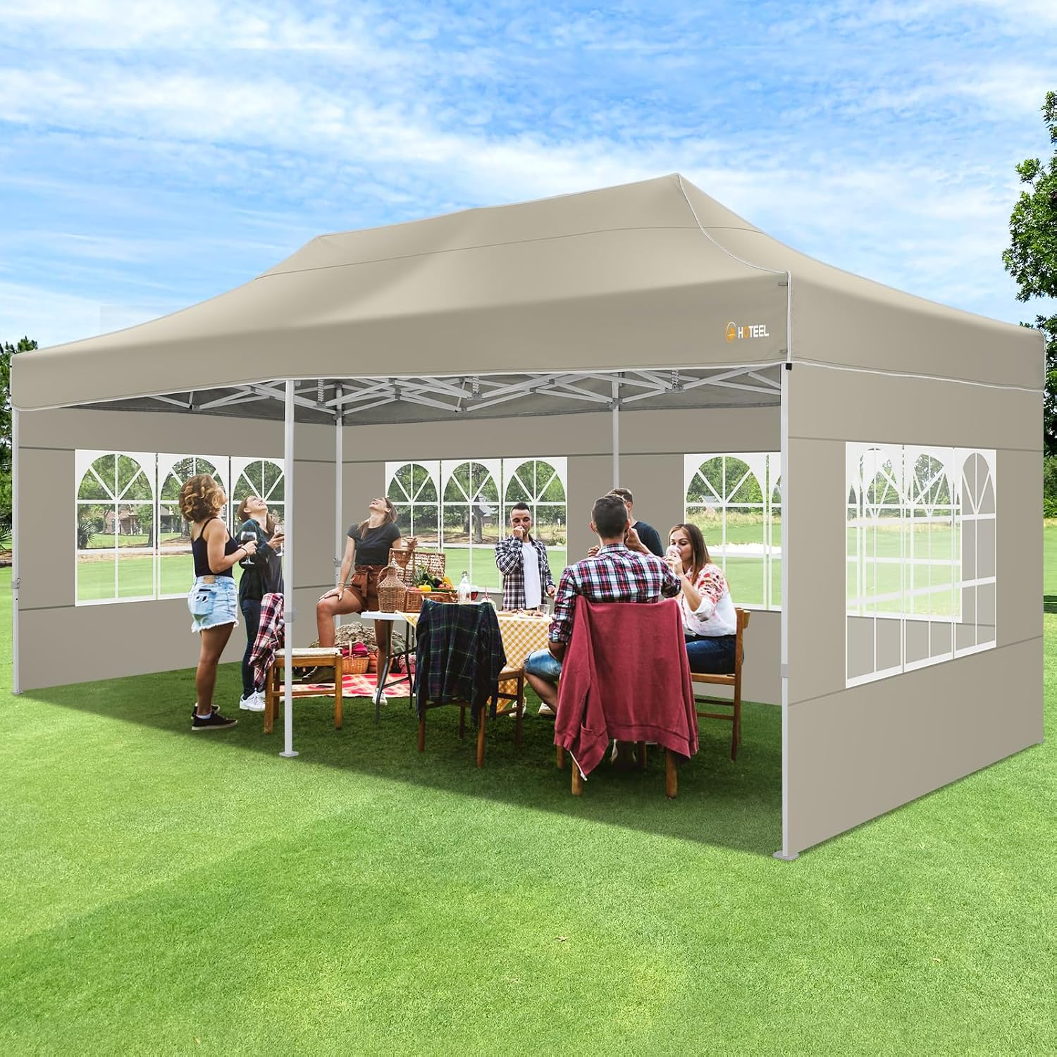 HOTEEL 10x20 Pop up Canopy Tent for Parties, Heavy Duty Easy Setup Tent with 6 Sidewalls, Outdoor Commercial Instant Gazebo for Wedding Event, with Roller Bag & Sand Bags, Khaki(Hexagonal Frame)