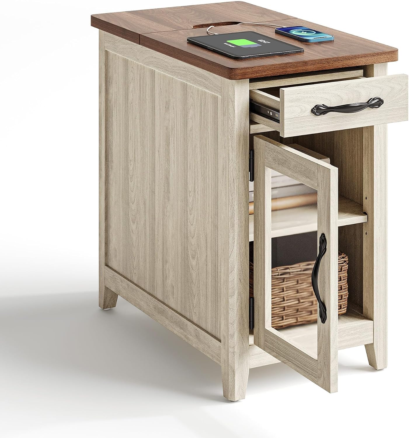 LINSY HOME Farmhouse End Table with Charging Station, Narrow Side Table for Living Room, Sofa Side Table with Drawer and Storage Cabinet, Small Nightstand for Home Office