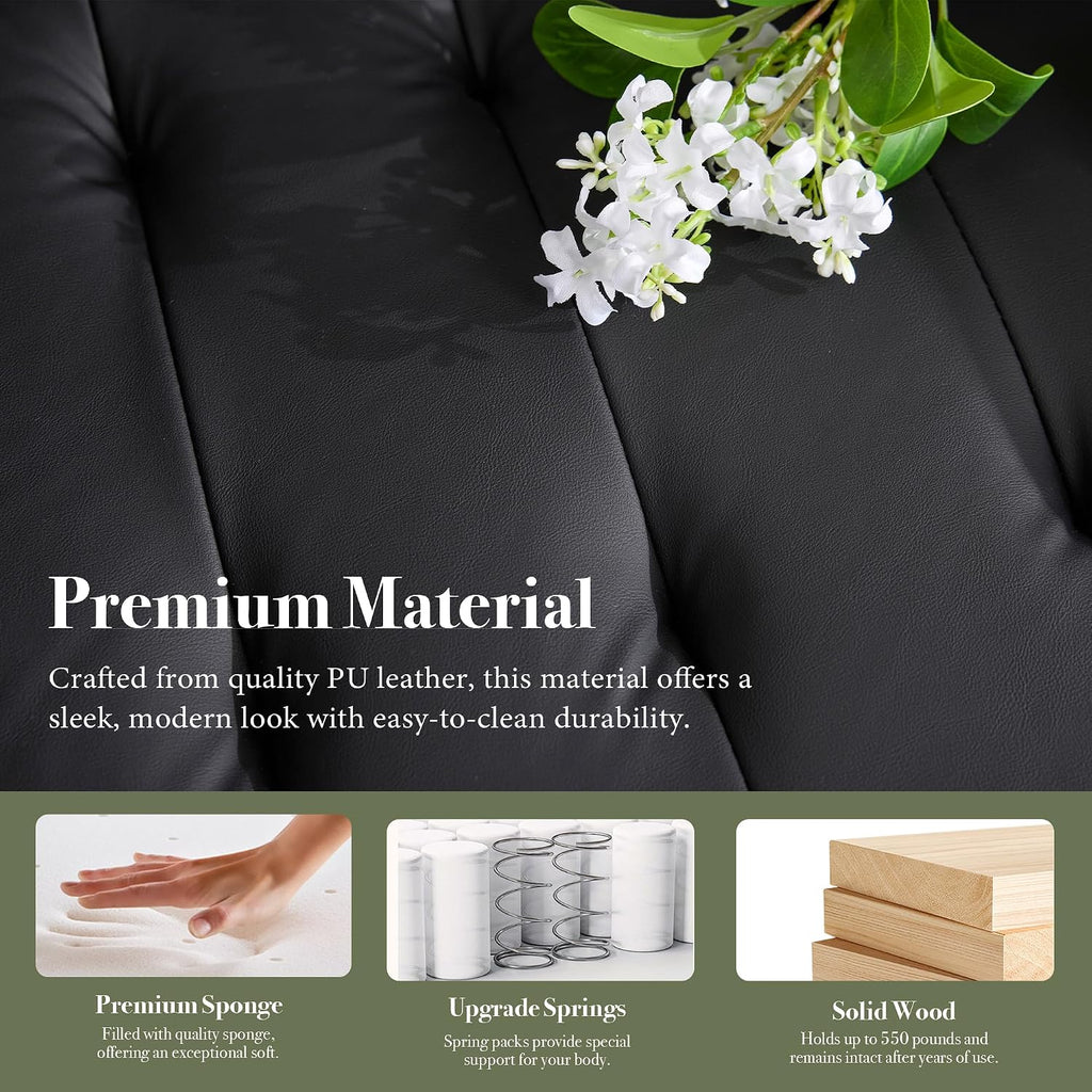 57' W Loveseat Sofa, Small Black Faux Leather Couch w/USB Charging Ports & Pockets, Mid Century Modern Tufted Love Seat Couches, Mini Office Sofa Couch for Small Spaces, Bedroom, Apartment