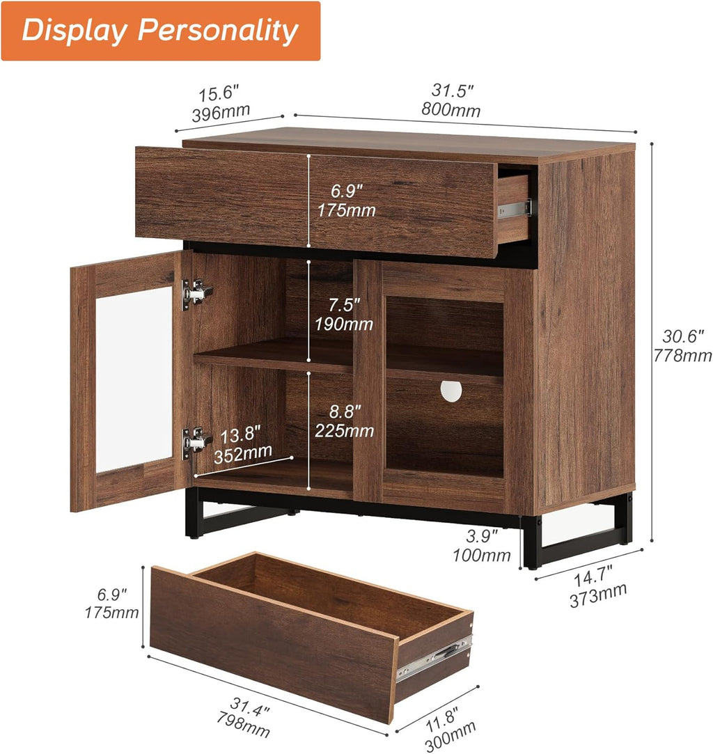 WAMPAT Modern TV Stand with Glass Doors for 26-40 inch TVs, Entertainment Center Console with Drawer and Metal Base for Living Room, Bedroom, Brown