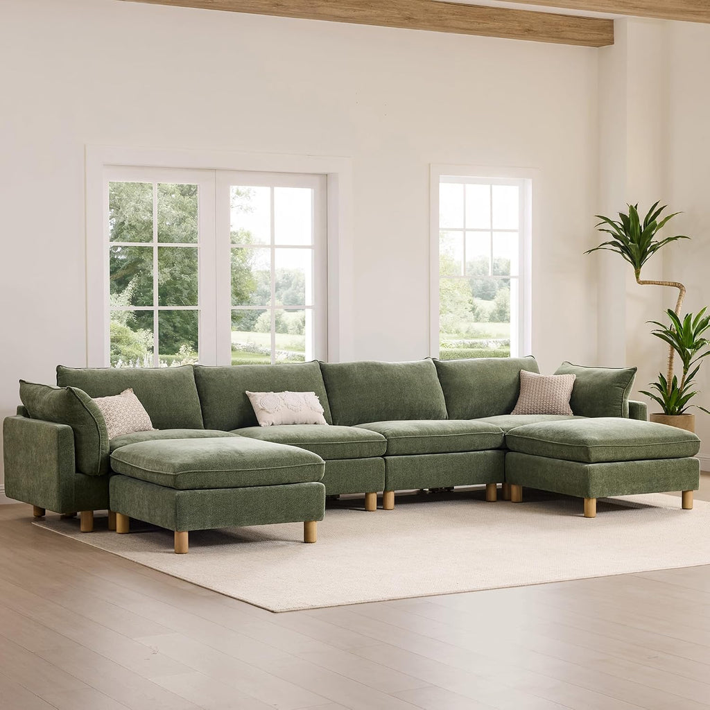 CHITA 127' Super Large Sectional Couches for Living Room, Modular Cloud Couch Sectional Sofa, Premium Fabric Couches, Down Filled, High Density Foam, Chenille in Green, 3 Seater
