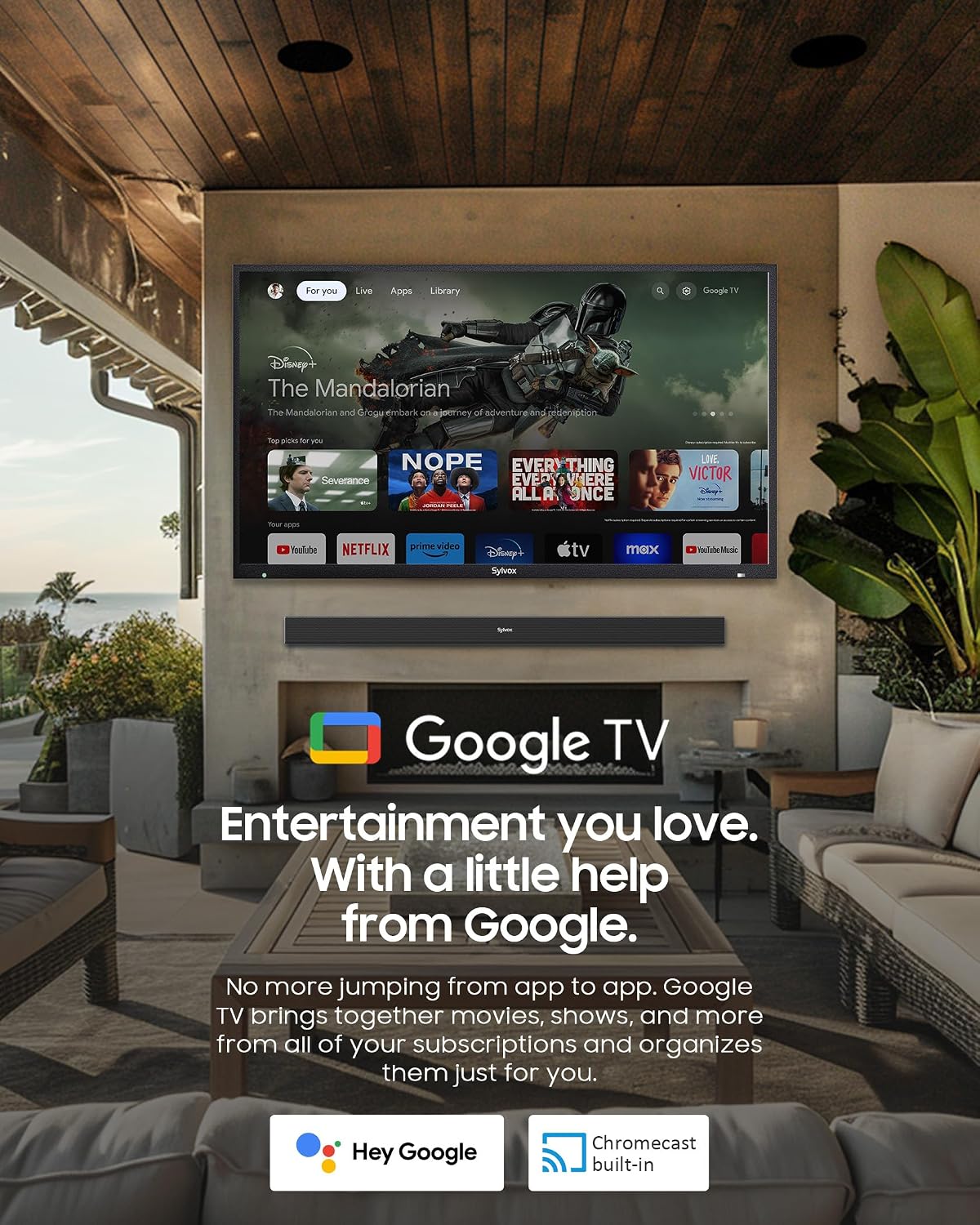 SYLVOX Outdoor TV, 65'' QLED Smart TV, IP55 Waterproof, Dolby Atmos HDR 10, Voice Remote,1000nits Weatherproof Television, Chromecast Built-in for Deck, Patio or Garden(Deck Pro QLED 3.0)