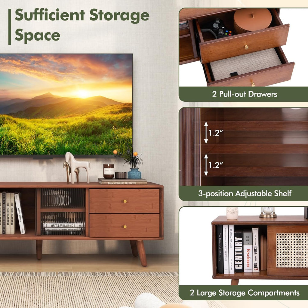 Tangkula Mid Century Modern TV Stand for TVs up to 65', Bamboo Entertainment Center w/Glass & PE Rattan Sliding Doors, 2 Drawers, Adjustable Shelf, Wood Legs, Media Console (Bamboo 2-Walnut)