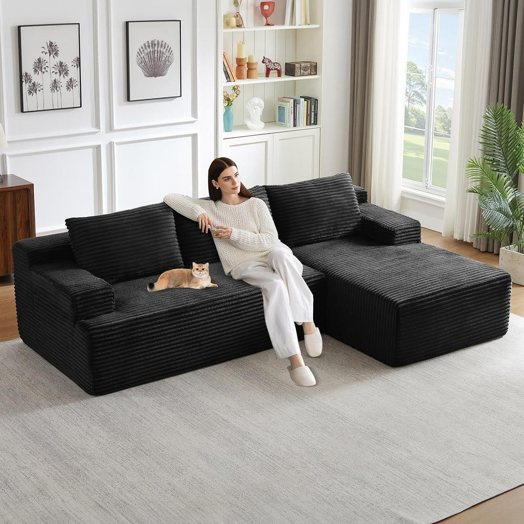 96' Modular Sectional Sofa, Modern Corduroy Cloud Couch with Side Pockets, Boneless Couch Upholstered 3-Seater L-Shaped Sofa for Living Room, No Assembly Required (Black, Right-Facing Chaise)