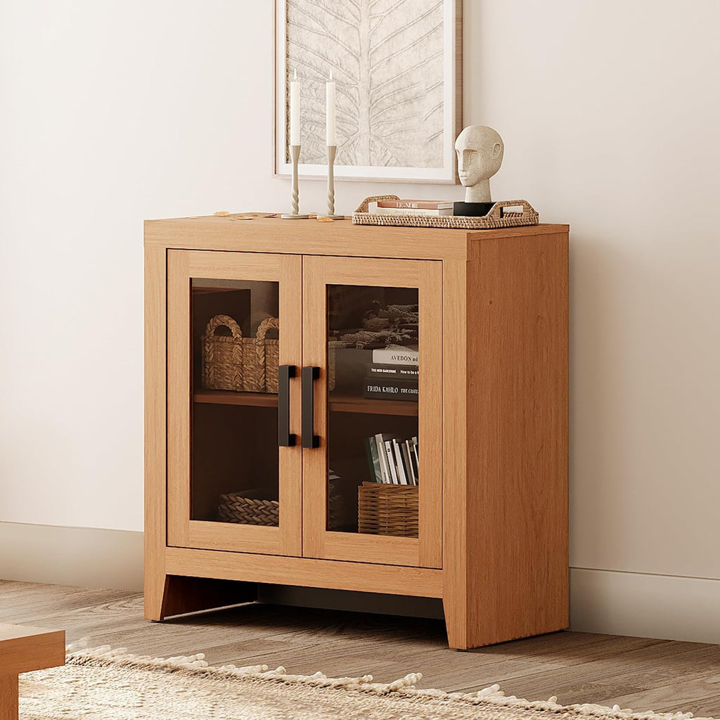 WAMPAT Farmhouse TV Stand for TVs up to 50', Rustic Wood Entertainment Center with Adjustable Shelf, Glass Doors & Storage, Media Console Cabinet for Living-Room, Bedroom, Mocha