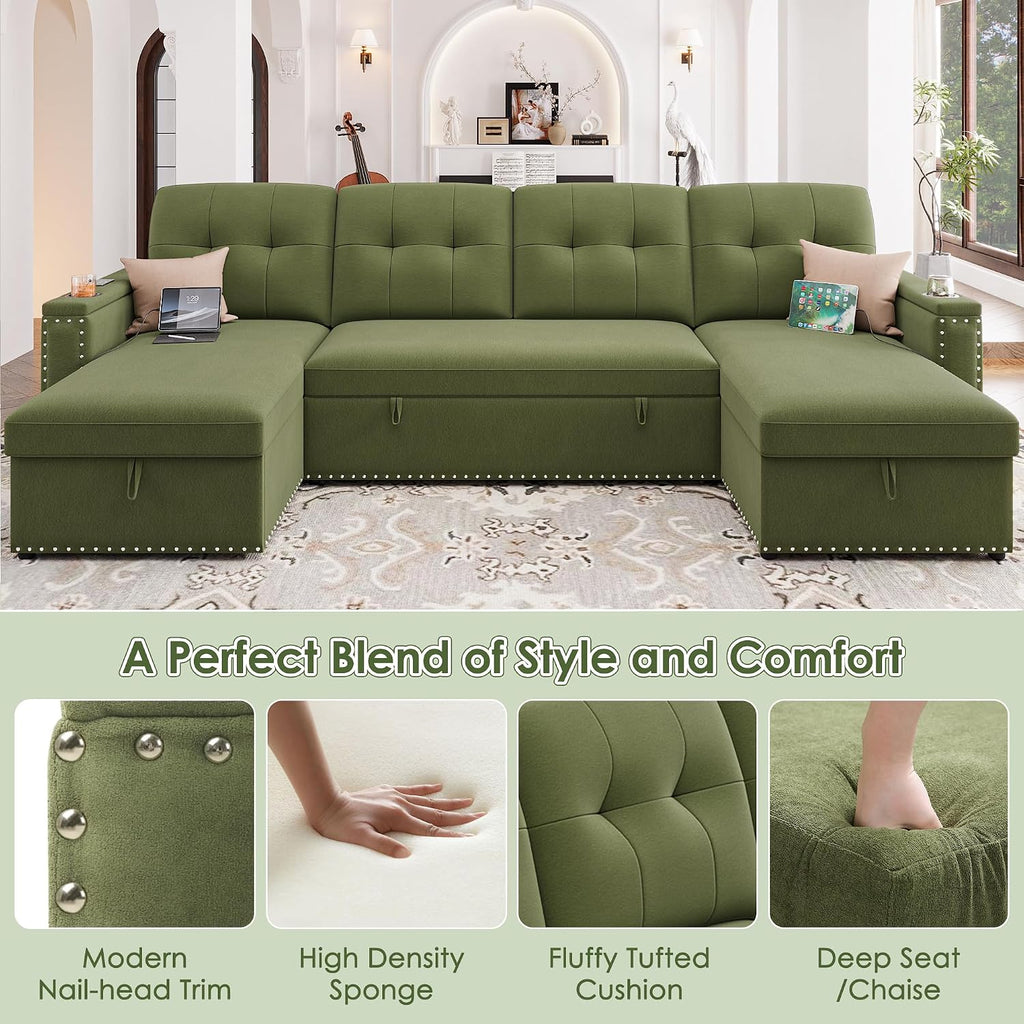 HIFIT 106' Sectional Couches for Living Room- Pull Out Sleeper Sofa Couch w/Storage Chaise,Storage Armrest,LED Light&USB Port&Cupholder,Modern Velvet U Shaped Home Sofa Living Room Furniture Set,Green
