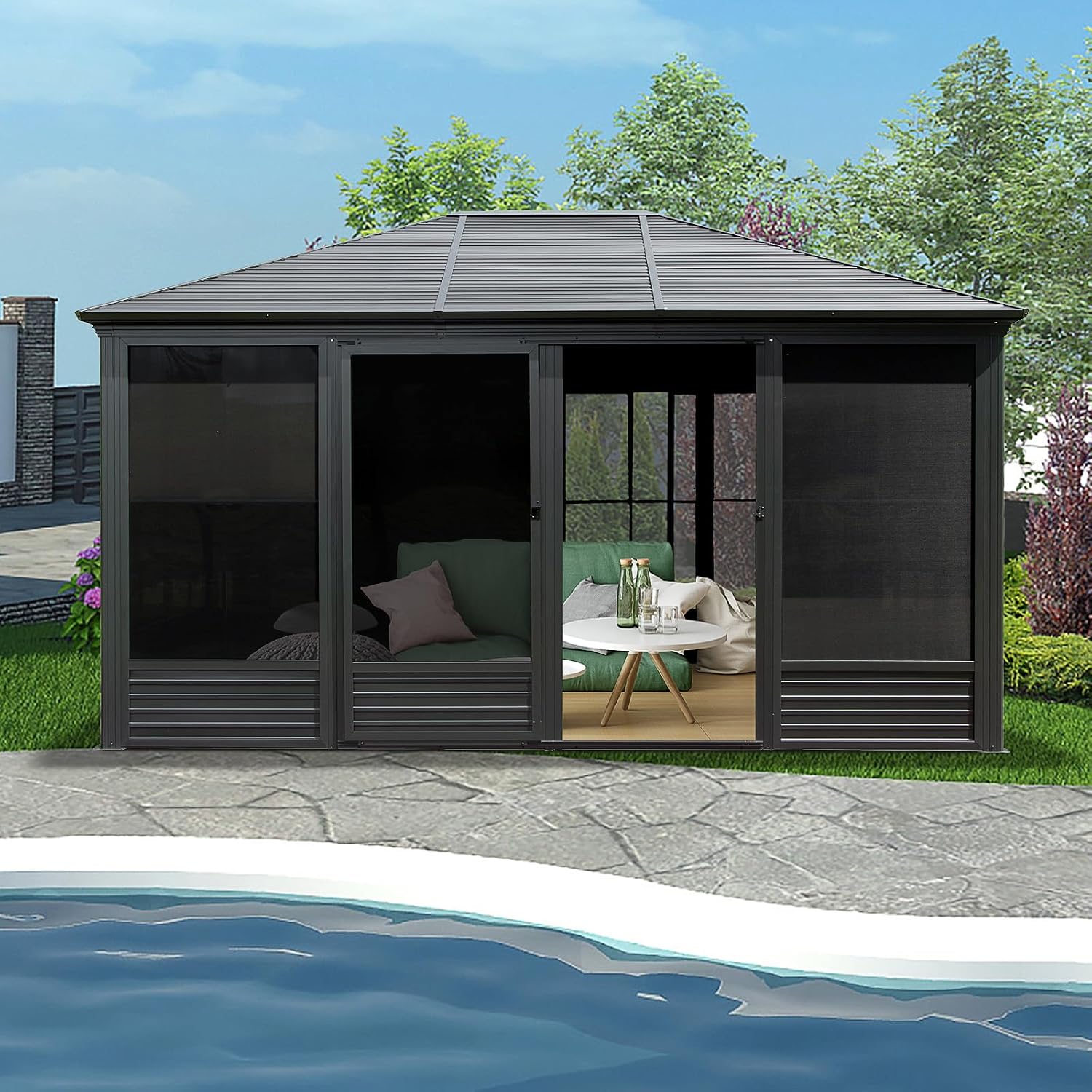 11.2x14.6 FT Sunroom, Four Season Enclosed Hardtop Gazebo with Galvanized Steel Roof, Aluminum Solarium Sun Room with Movable PVC Screen Walls, Sliding Doors, Metal Hard Top Gazebo for Patio, Deck