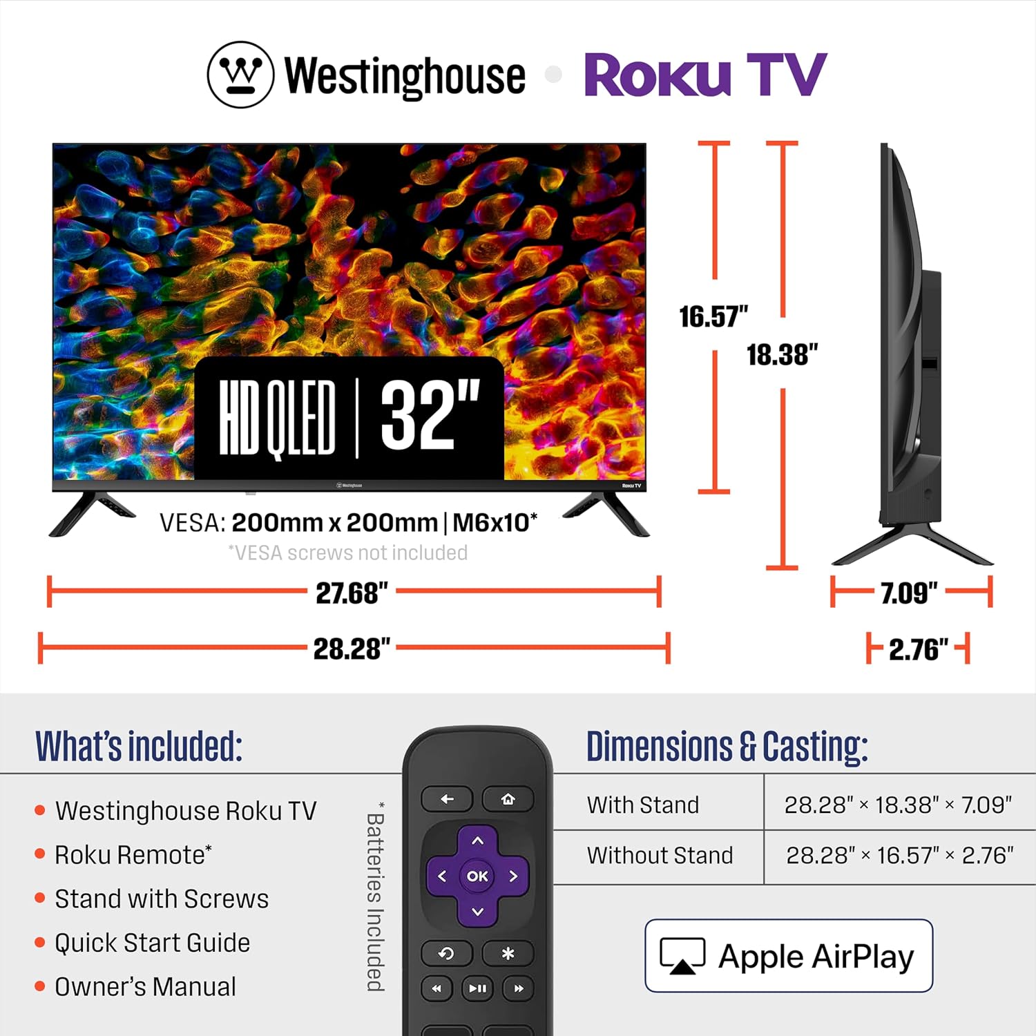 Westinghouse Roku TV - 32 Inch Smart TV, HD QLED Television w/Dolby Digital+, Wi-Fi & Mobile App Connectivity, Flat Screen, Bluetooth, Compatible w/Apple AirPlay, Alexa, & Google Assistant