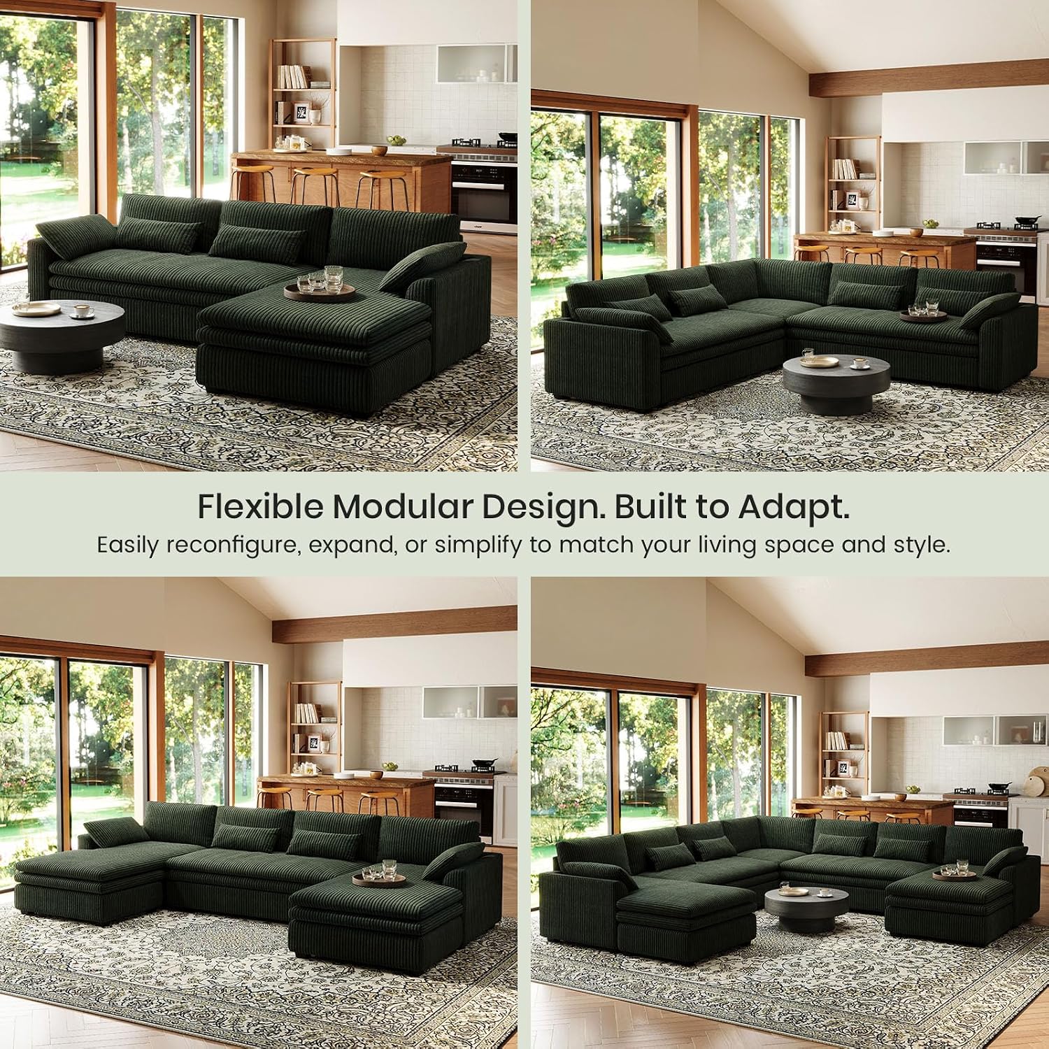 Belffin Large Modular Sectional Sofa with Deep Chaise, Corduroy U Shaped Couch with 9' Soft Dual-Layer 7 Seats Cushion for Living Room, Apartment, Green